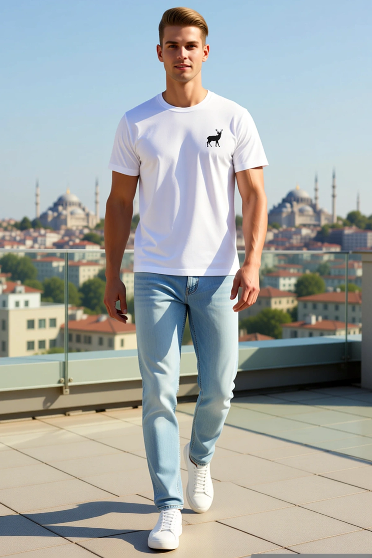 Erkek Bisiklet Yaka Kısa Kollu Minimal Geyik Logolu Yazlık Tişört Günlük Rahat Kalıp Sade Görünüm