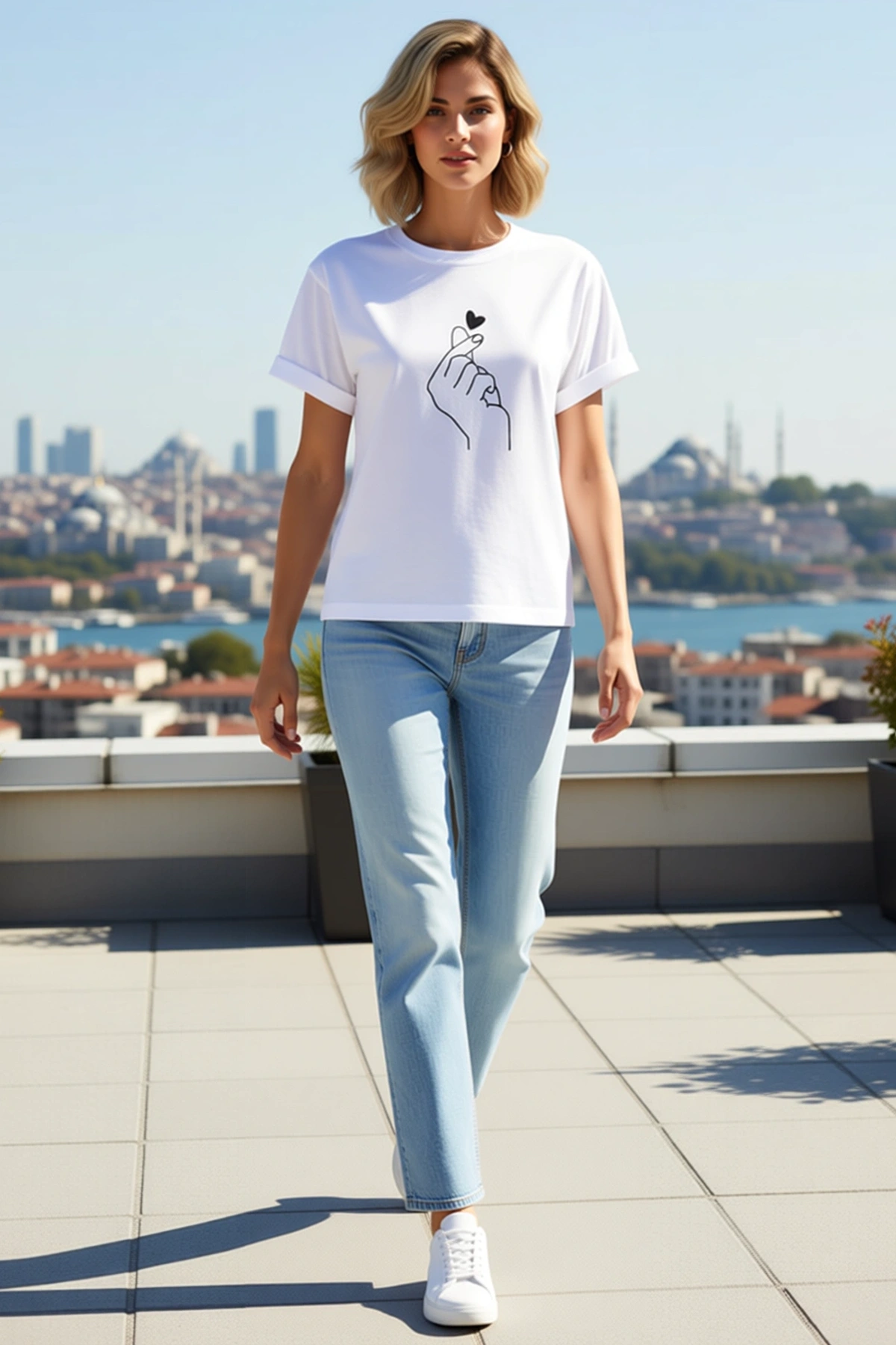 Kadın Kore Parmak Kalp Aşk Temalı Minimal Baskılı Bisiklet Yaka Kısa Kollu Yazlık Tişört Günlük