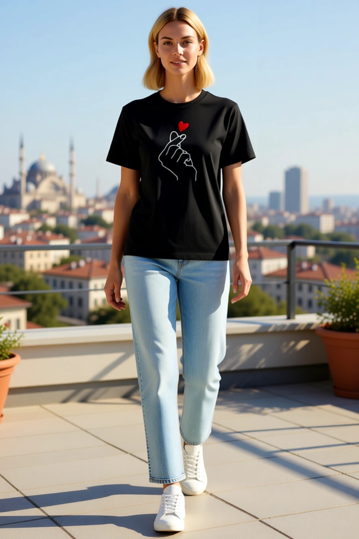 Kadın Parmak Kalp Figürlü Kore Aşk Temalı Minimal Baskılı Kısa Kollu Bisiklet Yaka Rahat Tişört