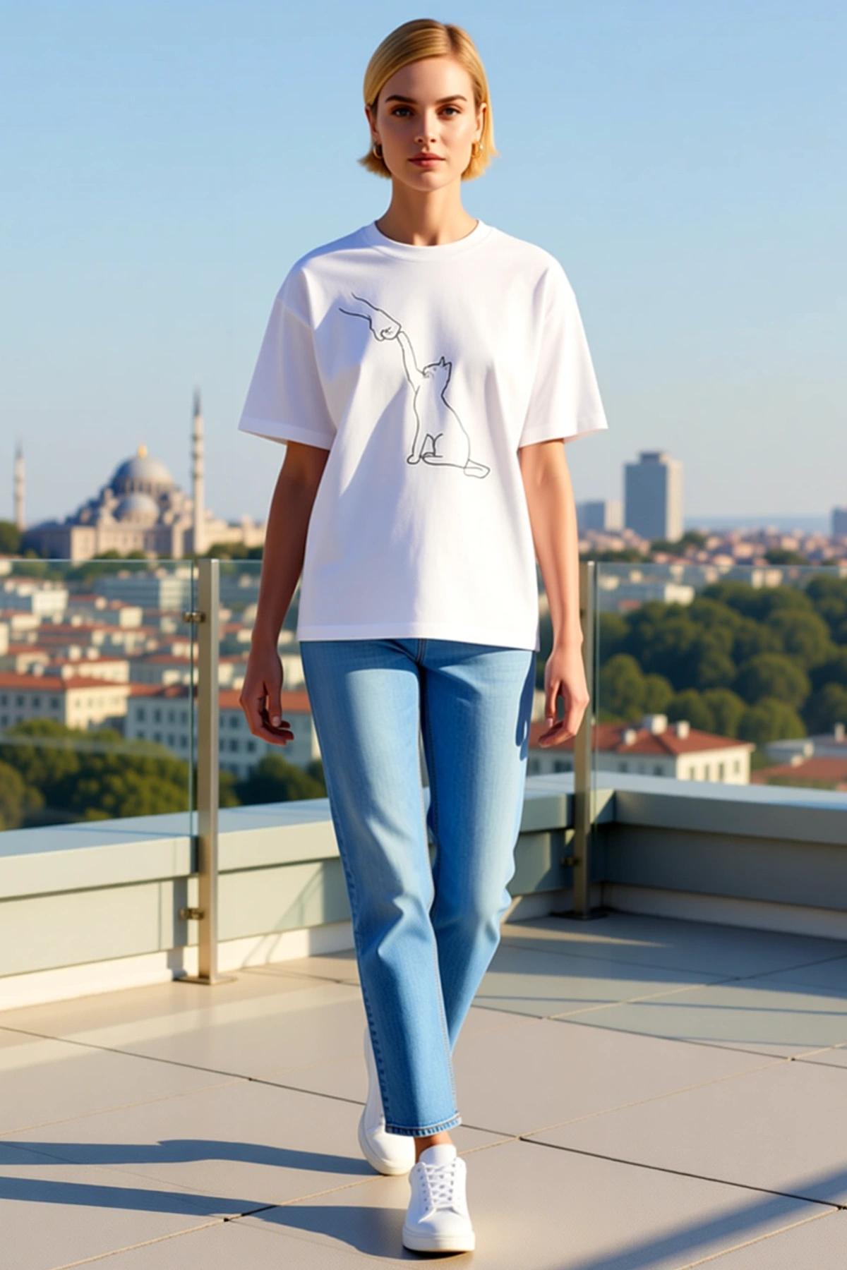 Kadın Bisiklet Yaka Kedi ve El Çizimli Minimal Baskılı Kısa Kollu Rahat Kalıp Yazlık Günlük Tişört