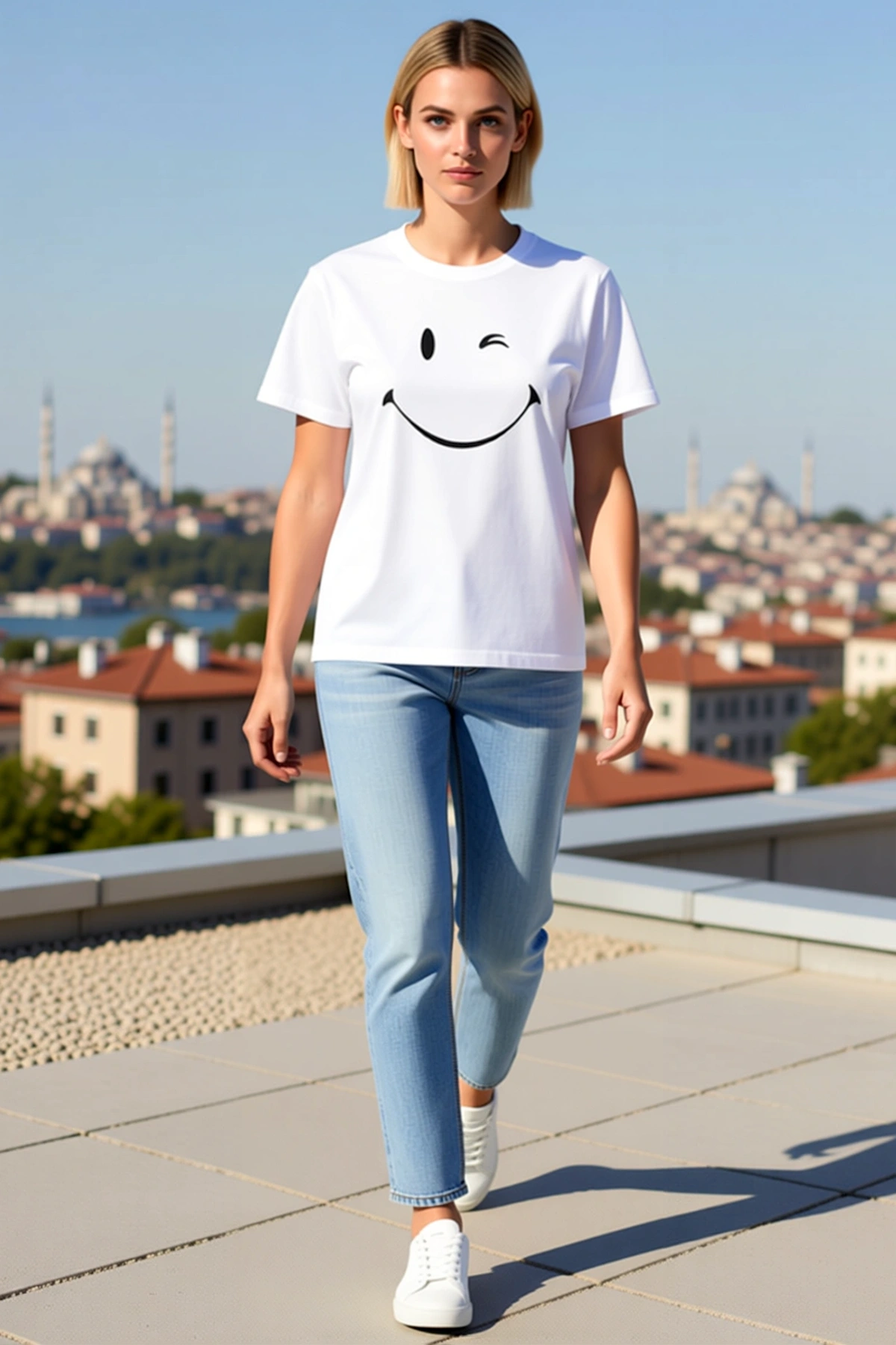 Kadın Bisiklet Yaka Göz Kırpan Gülen Yüz Baskılı Minimal Kısa Kollu Yazlık Günlük Rahat Kalıp Tişört