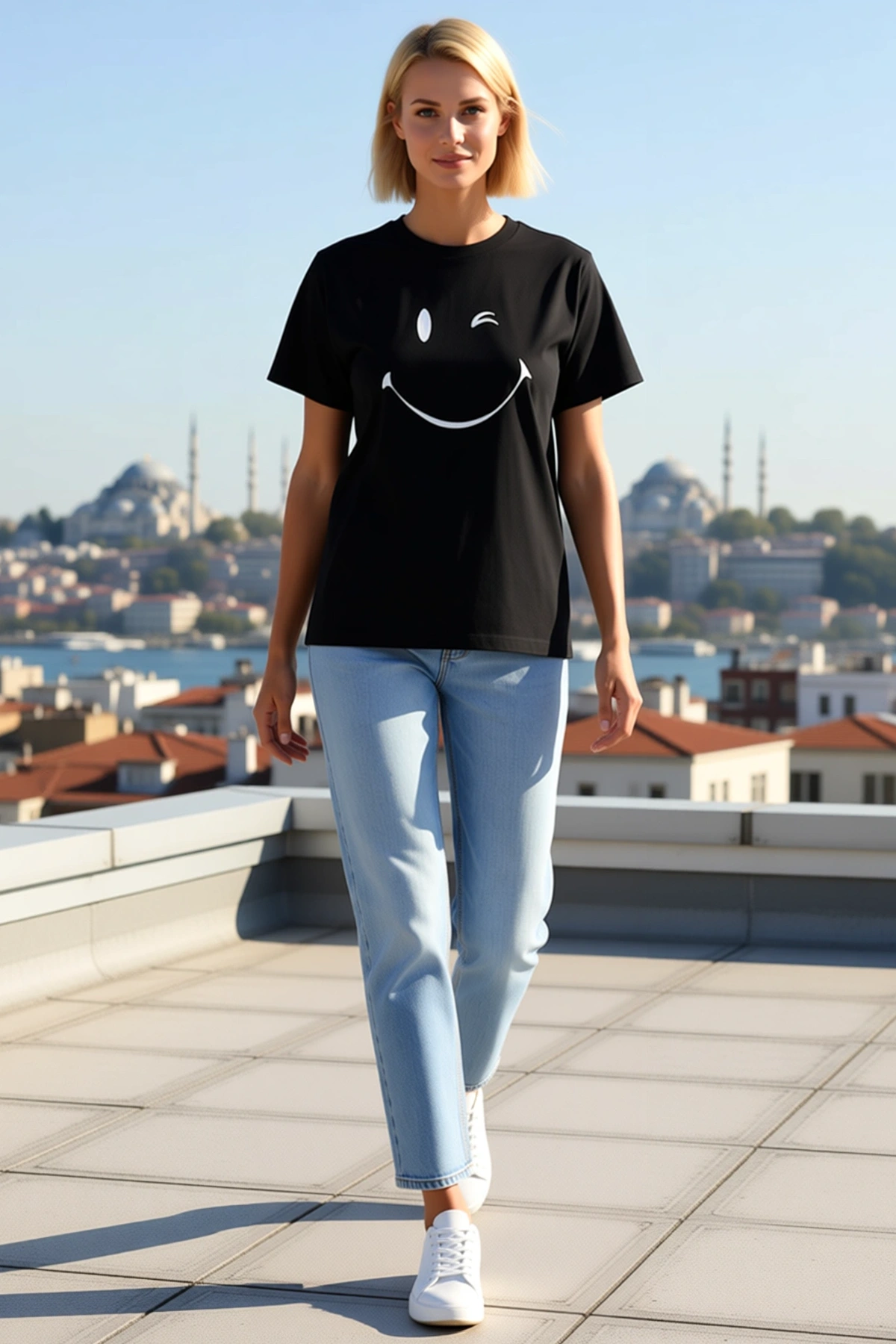 Kadın Minimal Gülümseyen Emoji Yüz Baskılı Yuvarlak Yakalı Kısa Kol Rahat Kalıp Yazlık Günlük Tişört