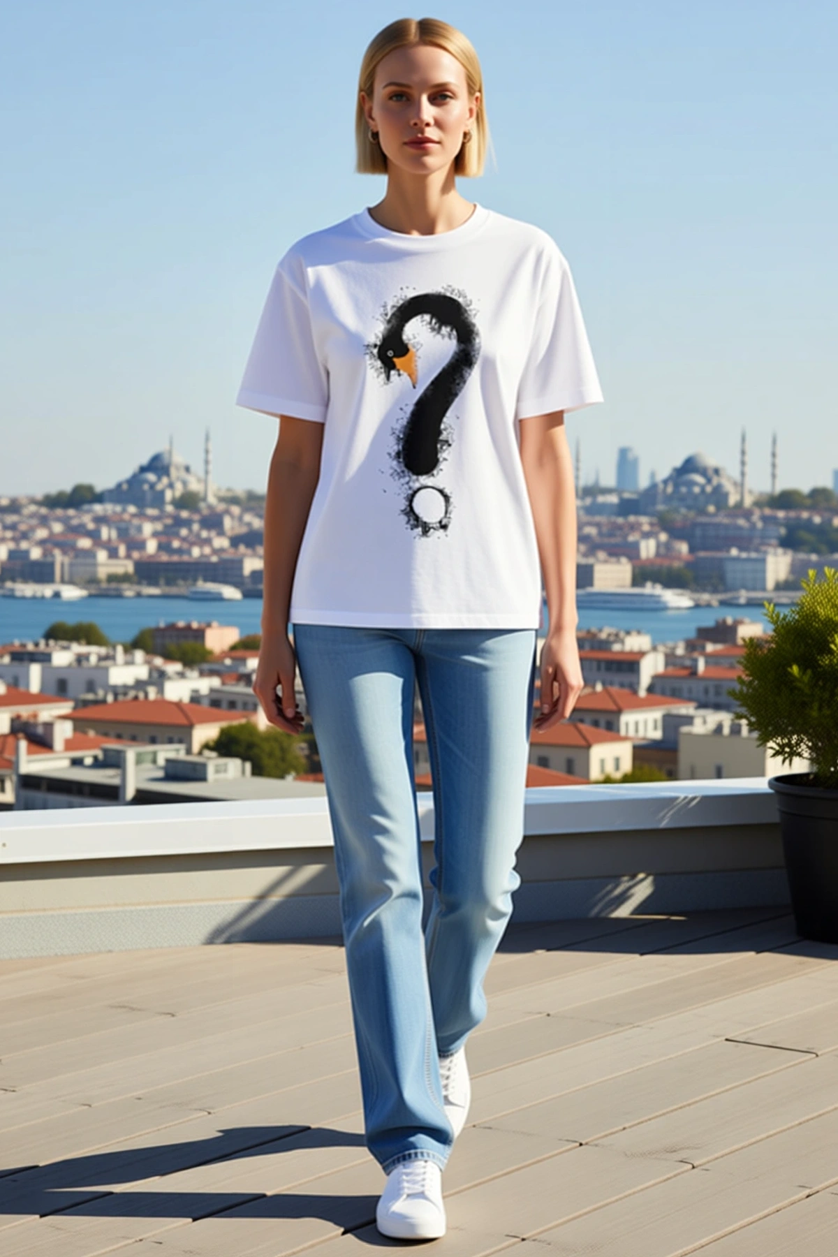 Kadın Kuğu Figürlü Soru İşareti Baskılı Bisiklet Yaka Kısa Kol Tişört Günlük Rahat Kesim Sezonluk