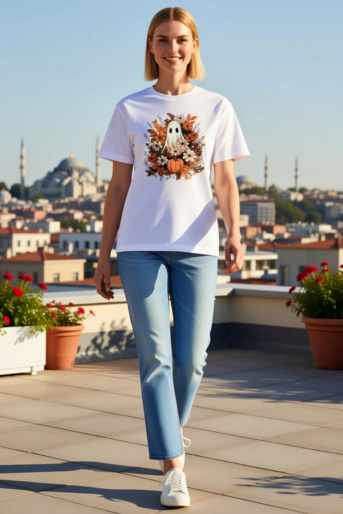 Kadın Balkabağı Hayalet Çiçek Desenli Baskılı Kısa Kol Tişört Yazlık Rahat Kesim Günlük Kullanım
