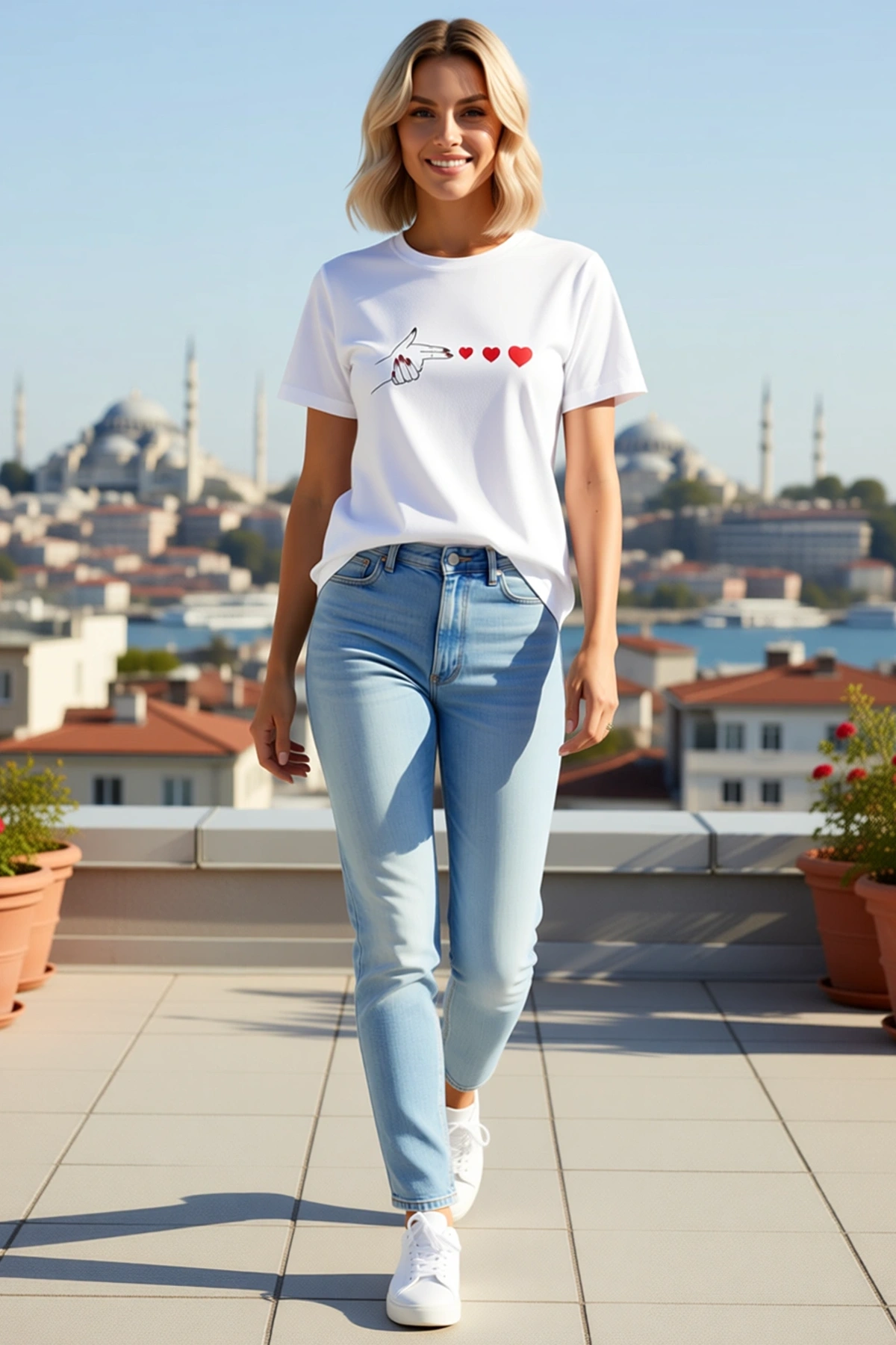 Kadın Minimal Kalp İşaret Baskılı Bisiklet Yaka Kısa Kol Tişört Yazlık Günlük Rahat Kalıp Modern