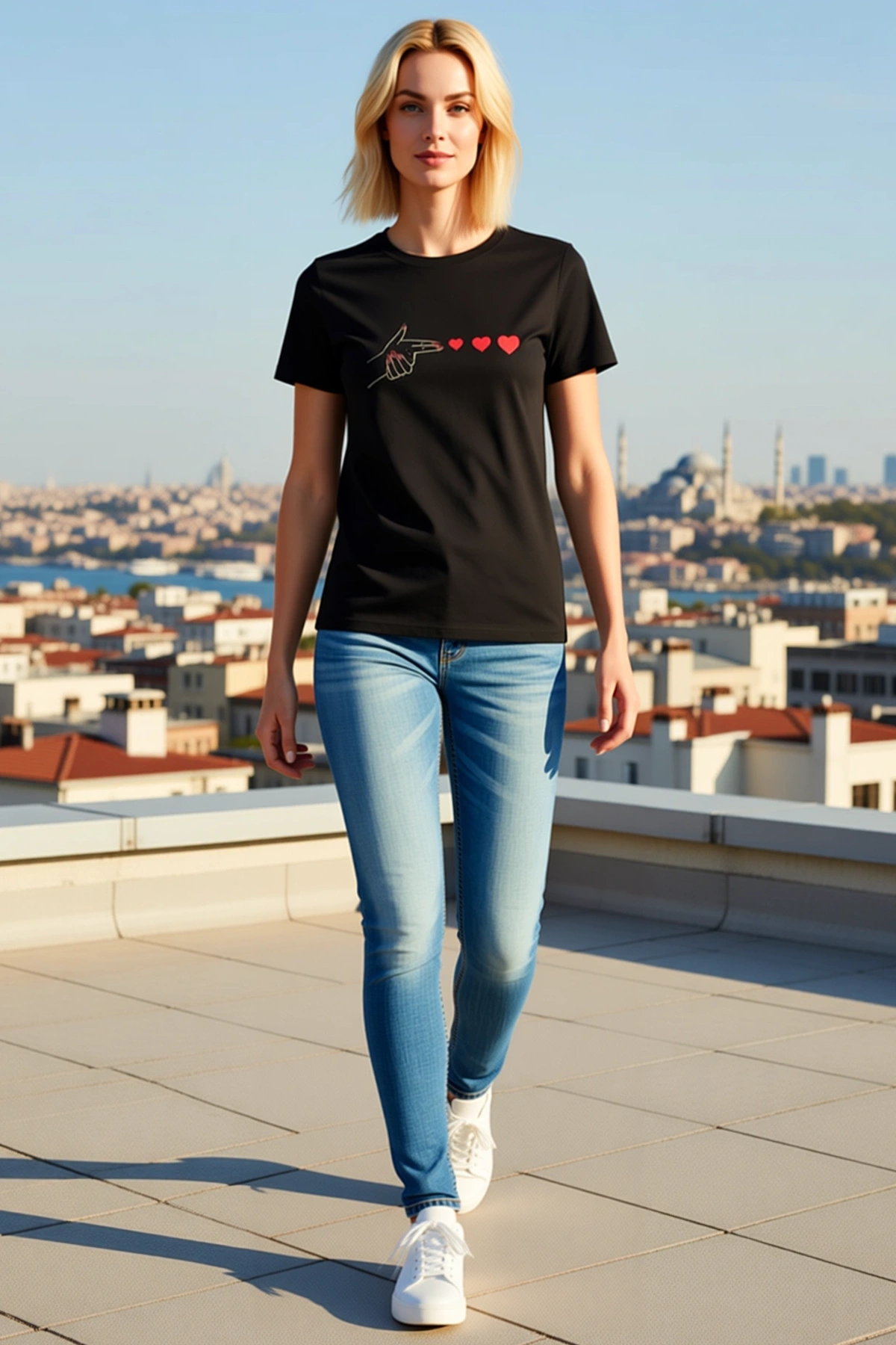 Kadın Minimal Kalp İşaret Baskılı Yuvarlak Yaka Kısa Kol Tişört Günlük Sezonluk Konforlu Rahat Kesim