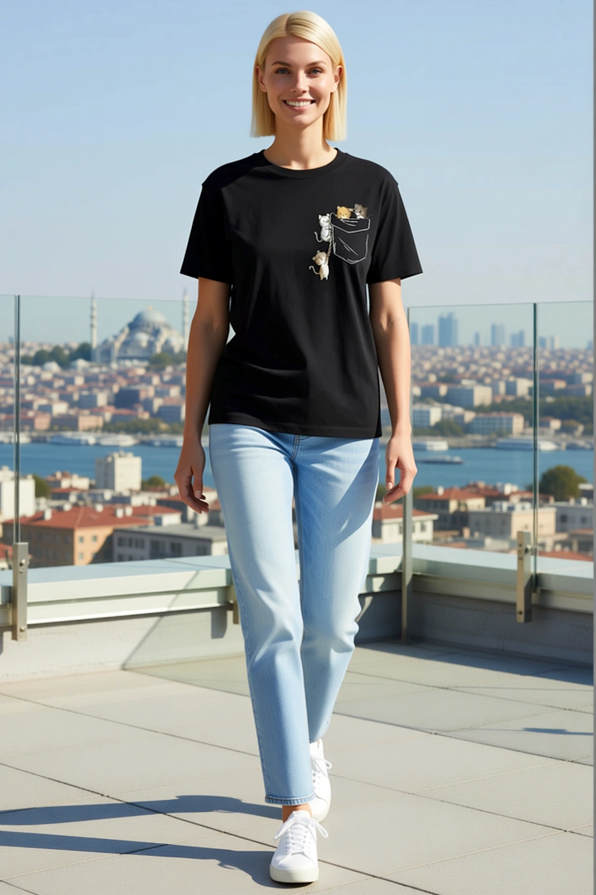 Kadın Sevimli Kedi Cep Baskılı Bisiklet Yaka Kısa Kol Tişört Yazlık Günlük Rahat Kalıp Konforlu