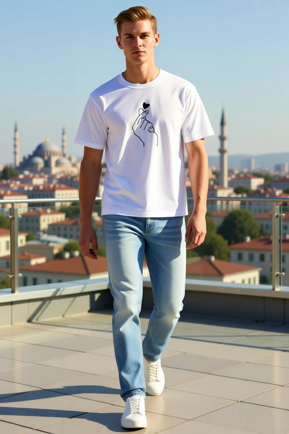 Erkek Kore Parmak Kalp Aşk Temalı Minimal Baskılı Bisiklet Yaka Kısa Kol Yazlık Tişört Rahat Kesim