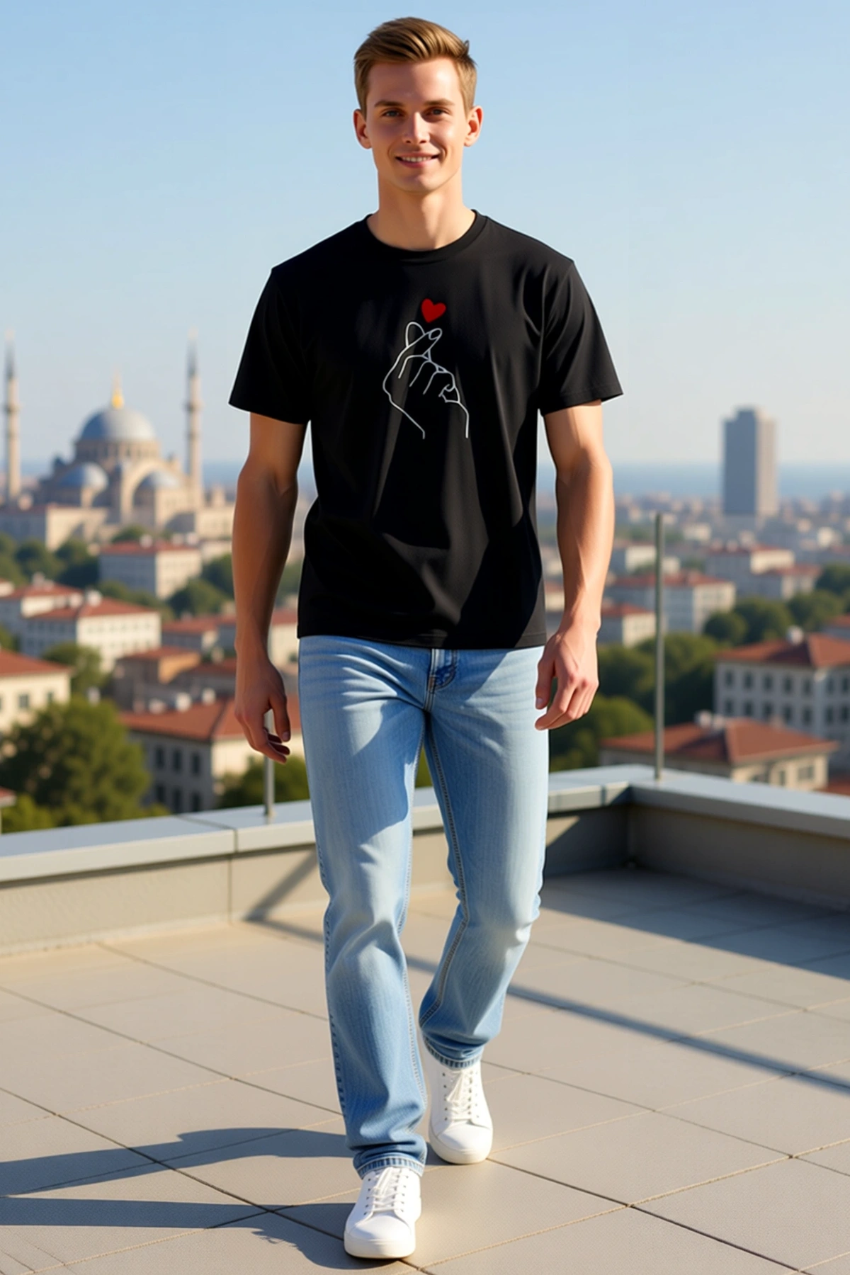 Erkek Kore Parmak Kalp Aşk Temalı Minimal Baskılı Yuvarlak Yaka Kısa Kol Tişört Günlük Sezonluk