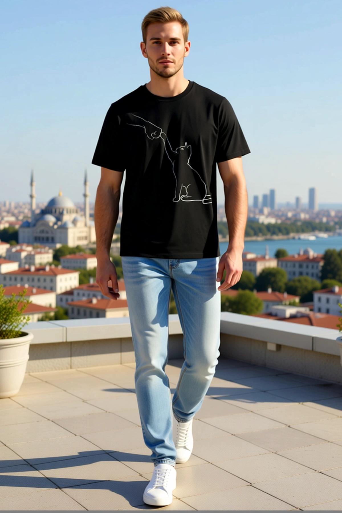 Erkek Minimal Kedi Çizim Baskılı Bisiklet Yaka Kısa Kol Sezonluk Tişört Günlük Rahat Salaş Kesim