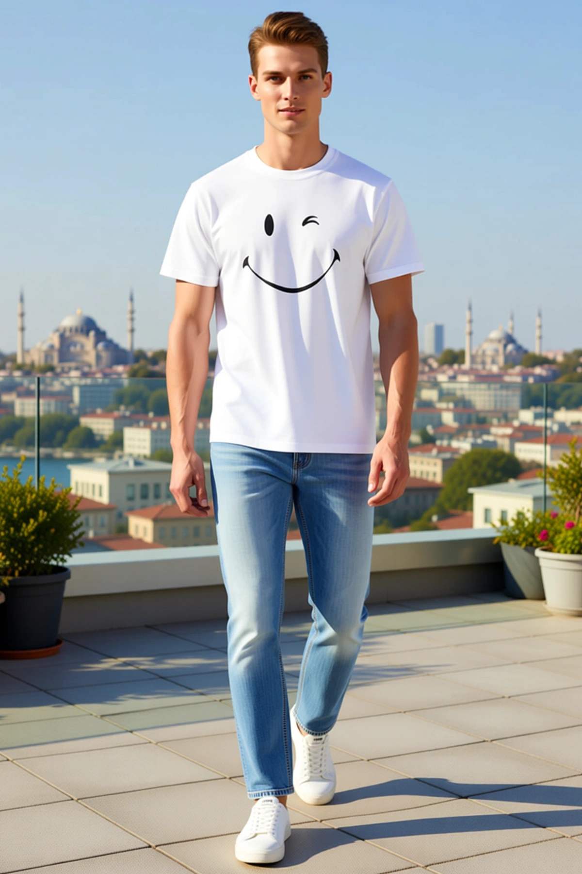Erkek Minimal Gülümseyen Yüz Baskılı Bisiklet Yaka Kısa Kol Yazlık Tişört Eğlenceli Rahat Kesim
