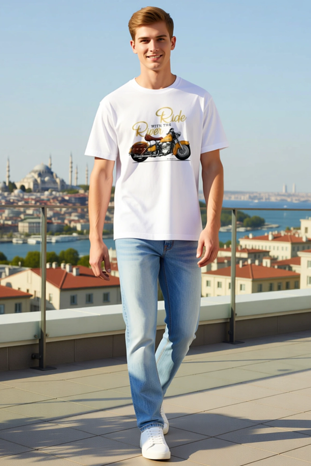 Erkek Motosiklet Baskılı Bisiklet Yaka Kısa Kol Sezonluk Tişört Klasik Çizim Günlük Rahat Kesim