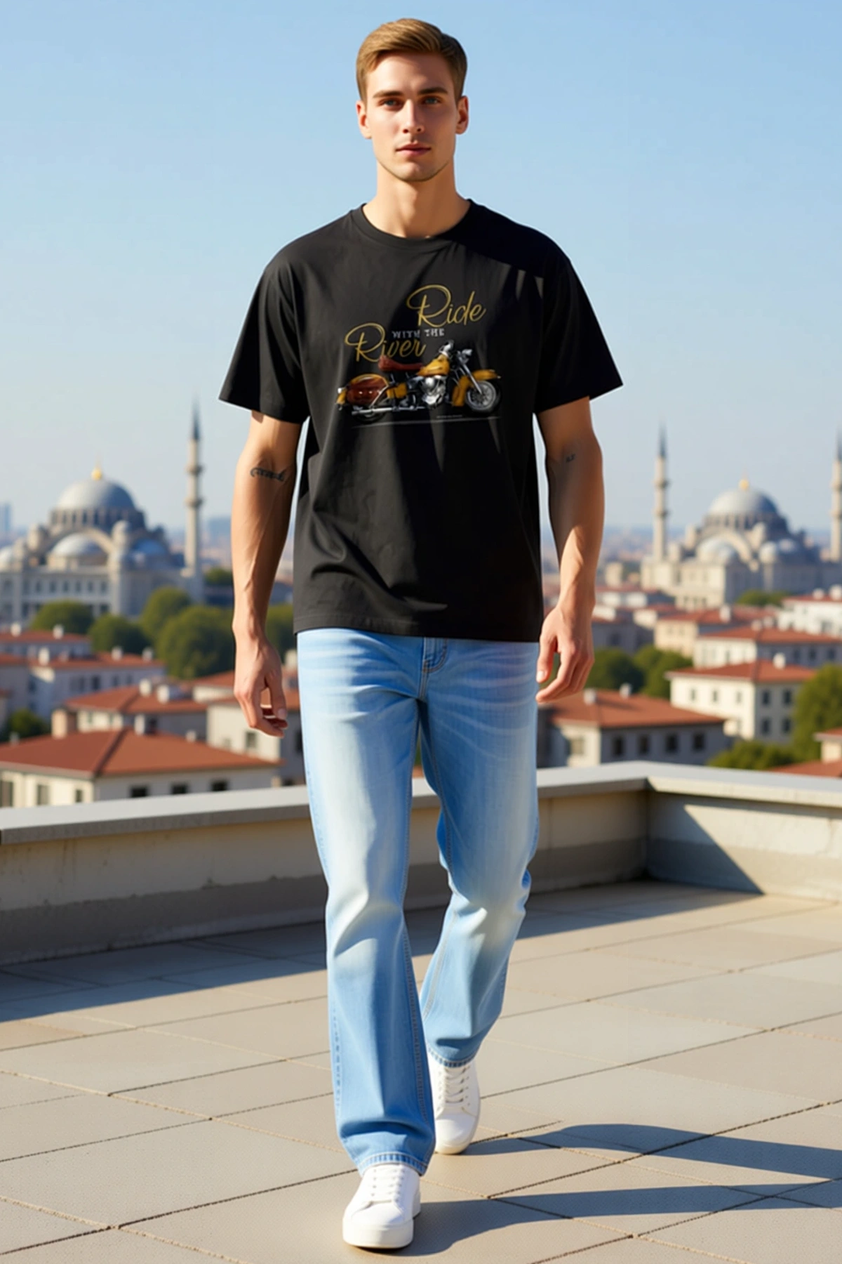 Erkek Motosiklet Baskılı Yuvarlak Yaka Kısa Kol Tişört Nostaljik Çizim Sezonluk Konforlu Günlük