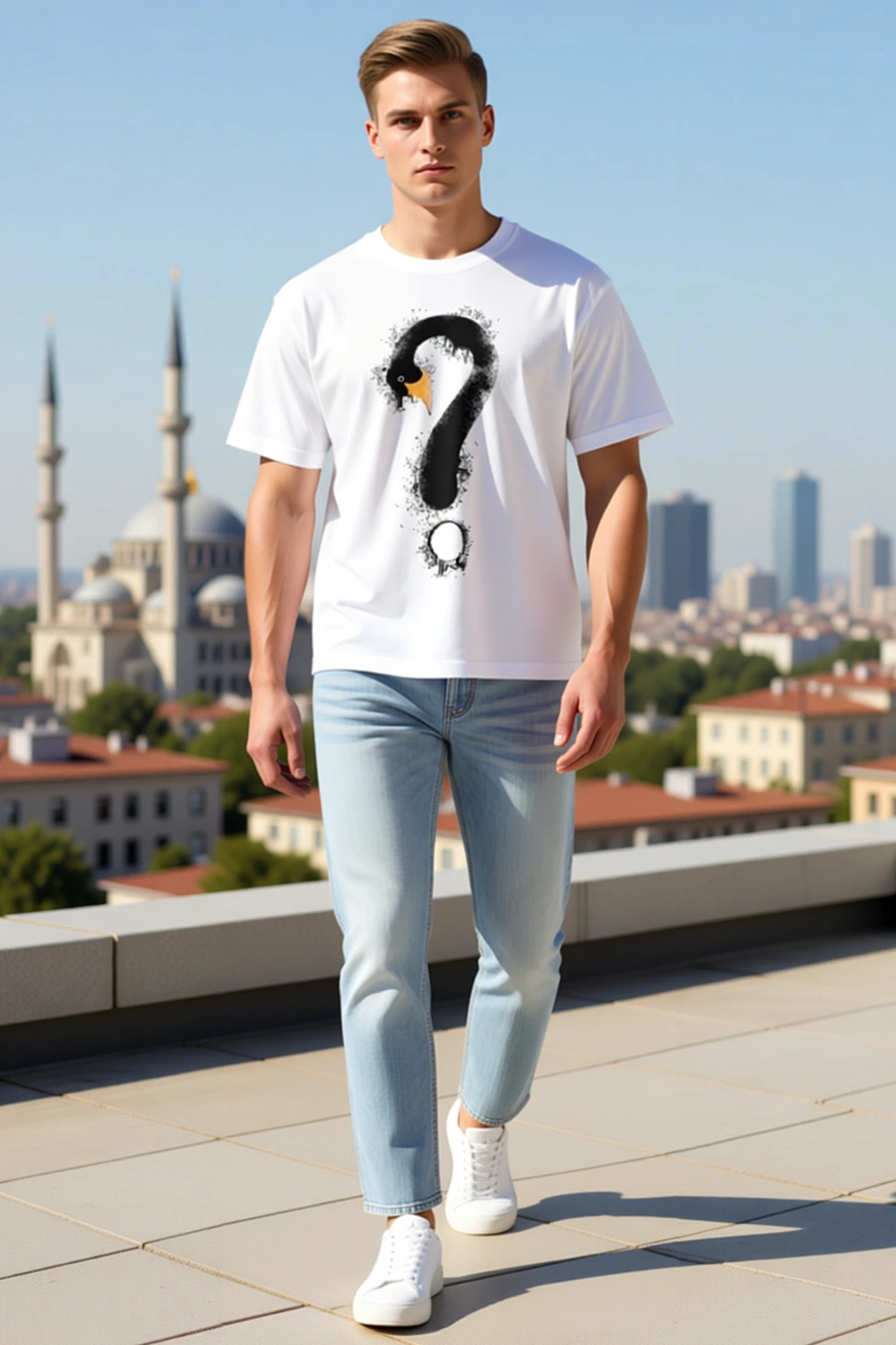 Erkek Kuğu Figürlü Soru İşareti Baskılı Bisiklet Yaka Kısa Kol Tişört Sprey Etkili Günlük Rahat