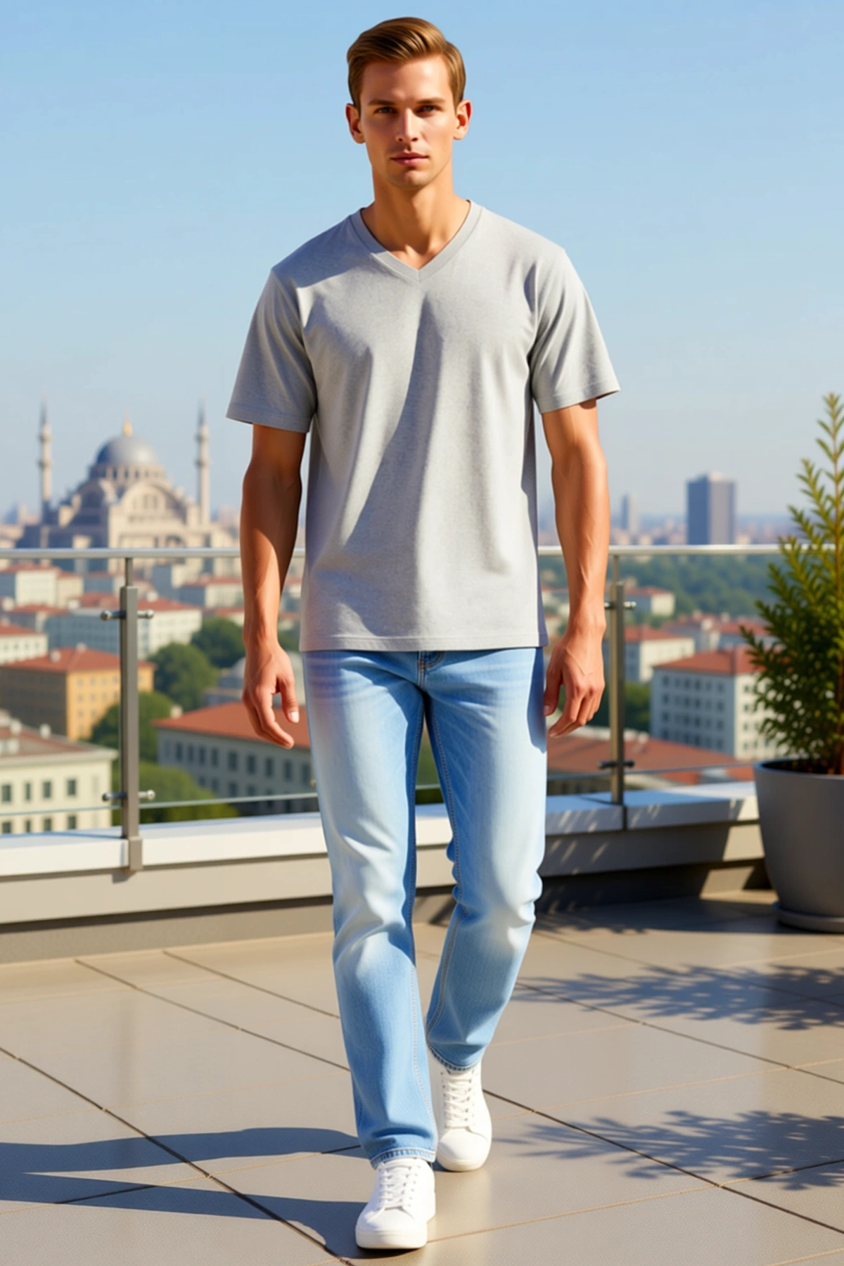 Erkek Basic V Yaka Kısa Kol Tişört Regular Fit Yazlık Melanj Görünümlü Düz Rahat Günlük Kesimli