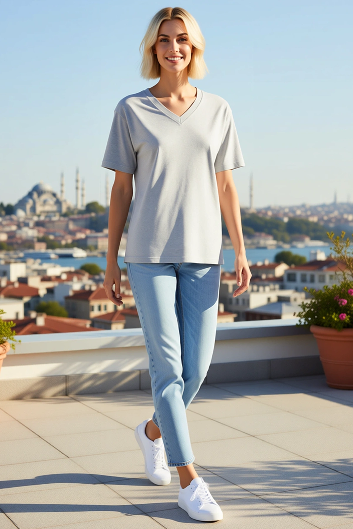 Kadın V Yaka Basic Tişört Kısa Kollu Yazlık Regular Fit Günlük Rahat Kesim Konforlu Modern Duruş