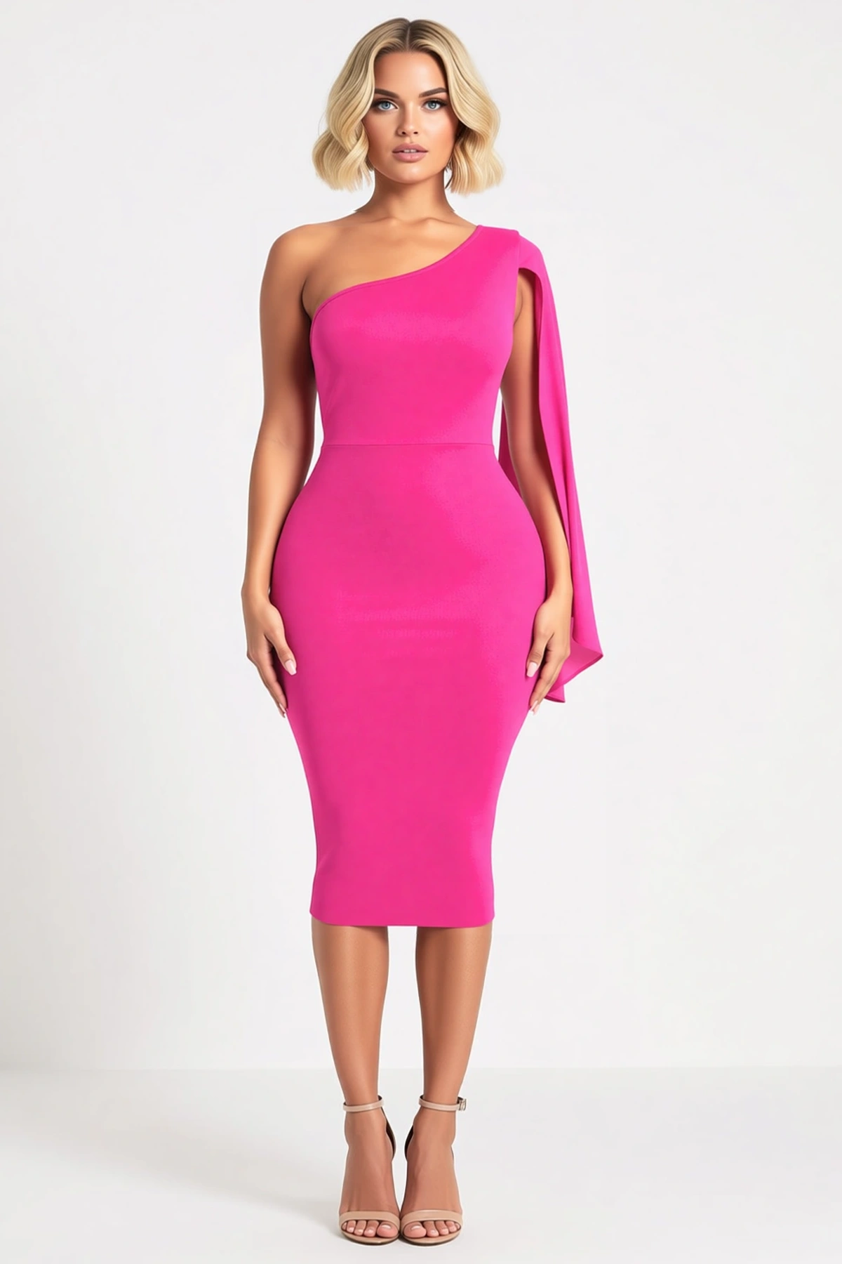 Kadın Asimetrik Tek Omuz Yaka Pelerin Etkili Uzun Kol Midi Boy Dar Kalıp Krep Elbise Gece Daveti