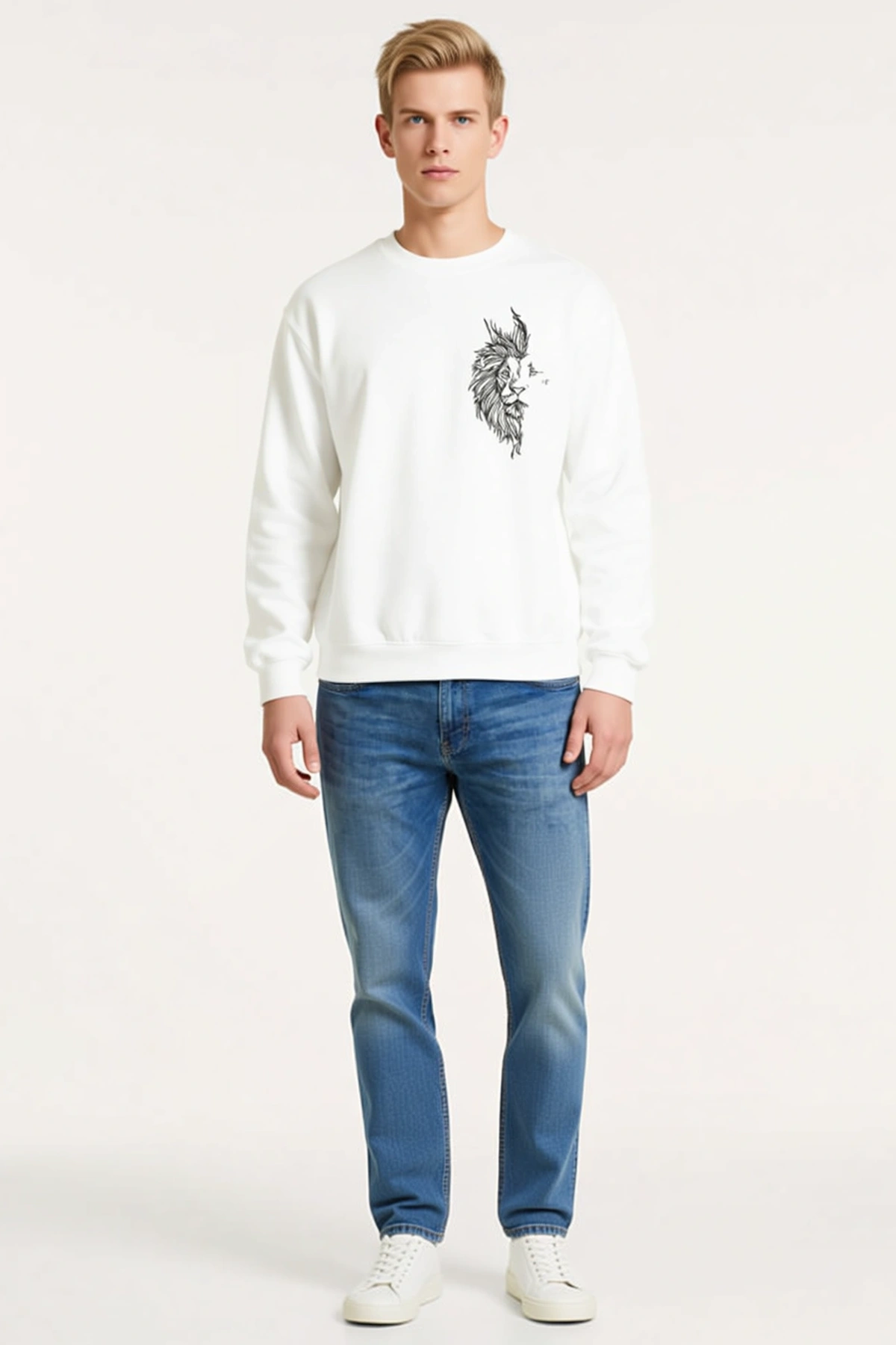 Erkek Sevgililer Günü Baskılı Oversize Bisiklet Yaka Sweatshirt Aslan Figürlü Sol Göğüs Rahat Kesim