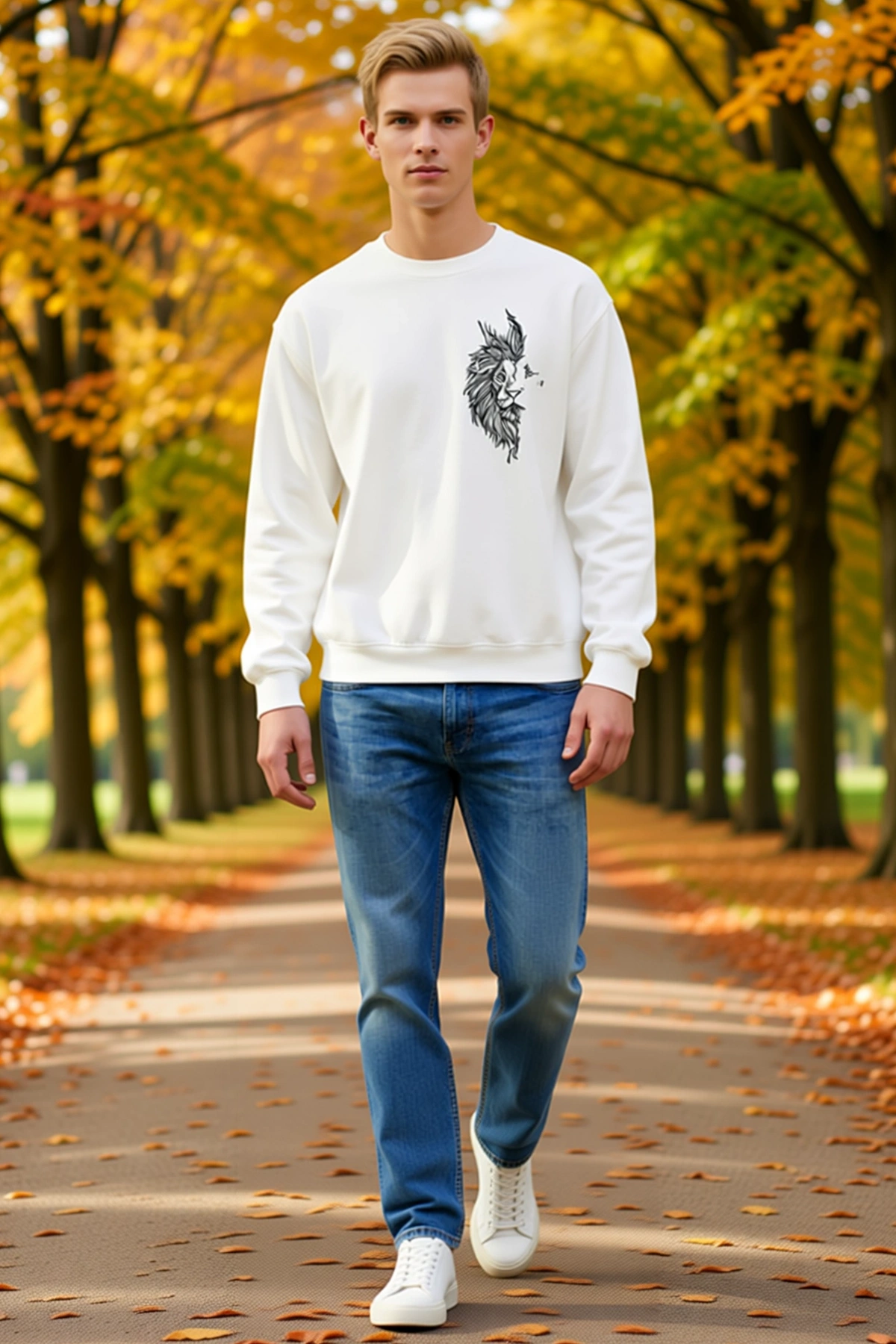 Erkek Sevgililer Günü Baskılı Oversize Bisiklet Yaka Sweatshirt Aslan Figürlü Sol Göğüs Rahat Kesim