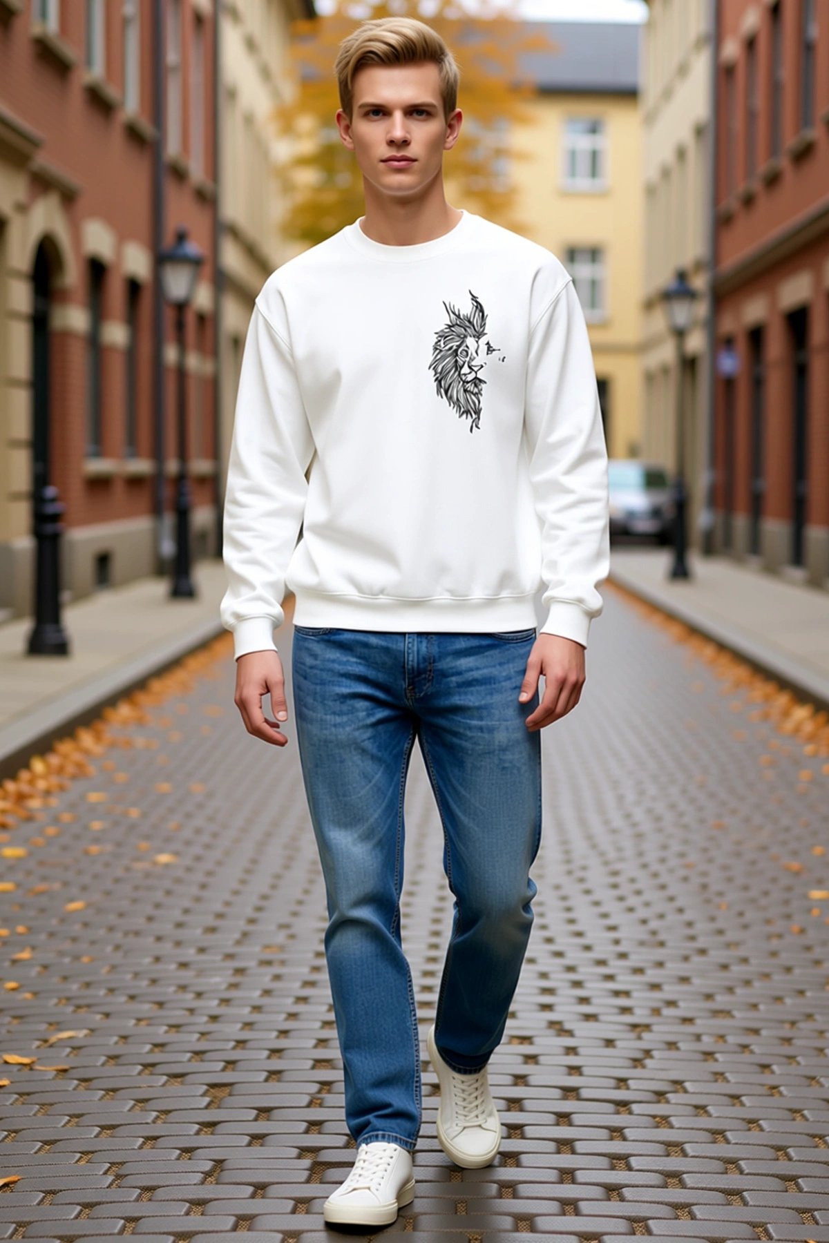 Erkek Sevgililer Günü Baskılı Oversize Bisiklet Yaka Sweatshirt Aslan Figürlü Sol Göğüs Rahat Kesim