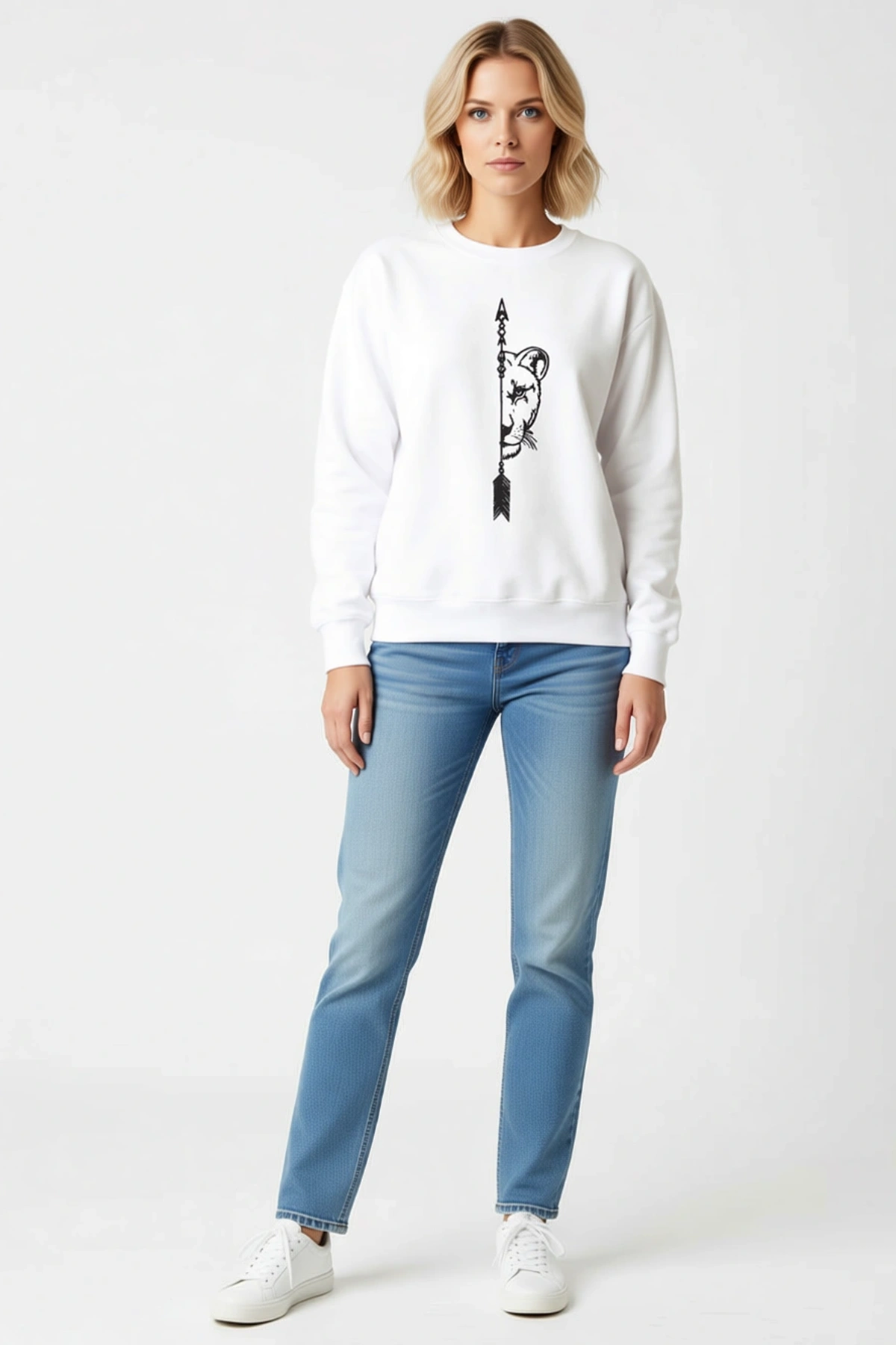 Kadın Sevgililer Günü Baskılı Oversize Bisiklet Yaka Sweatshirt Dişi Aslan Okla Desenli Rahat Günlük