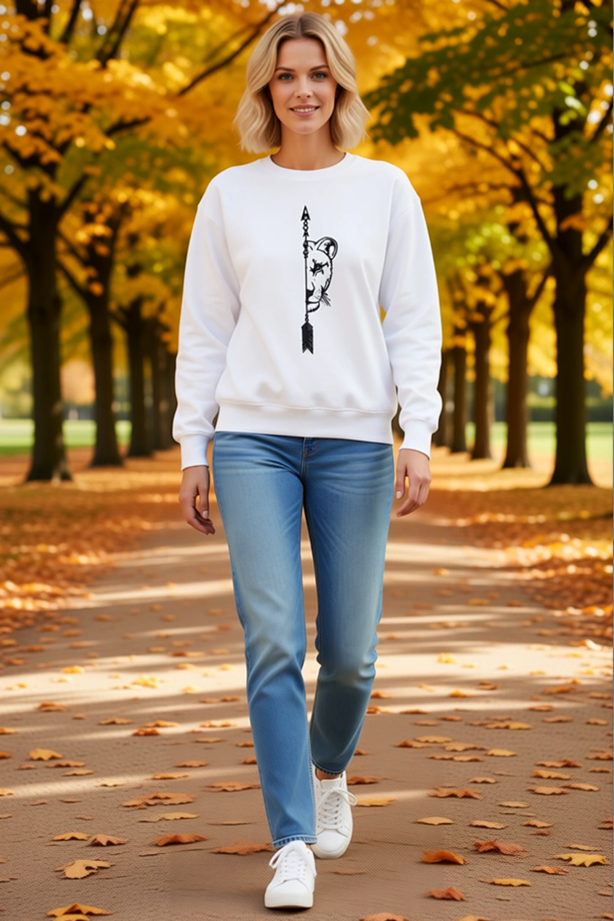 Kadın Sevgililer Günü Baskılı Oversize Bisiklet Yaka Sweatshirt Dişi Aslan Okla Desenli Rahat Günlük