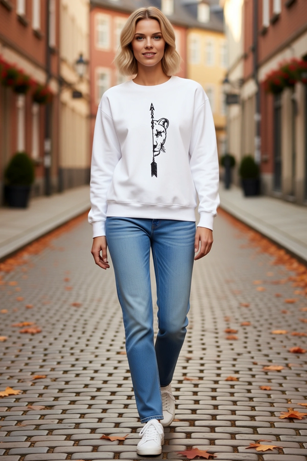 Kadın Sevgililer Günü Baskılı Oversize Bisiklet Yaka Sweatshirt Dişi Aslan Okla Desenli Rahat Günlük