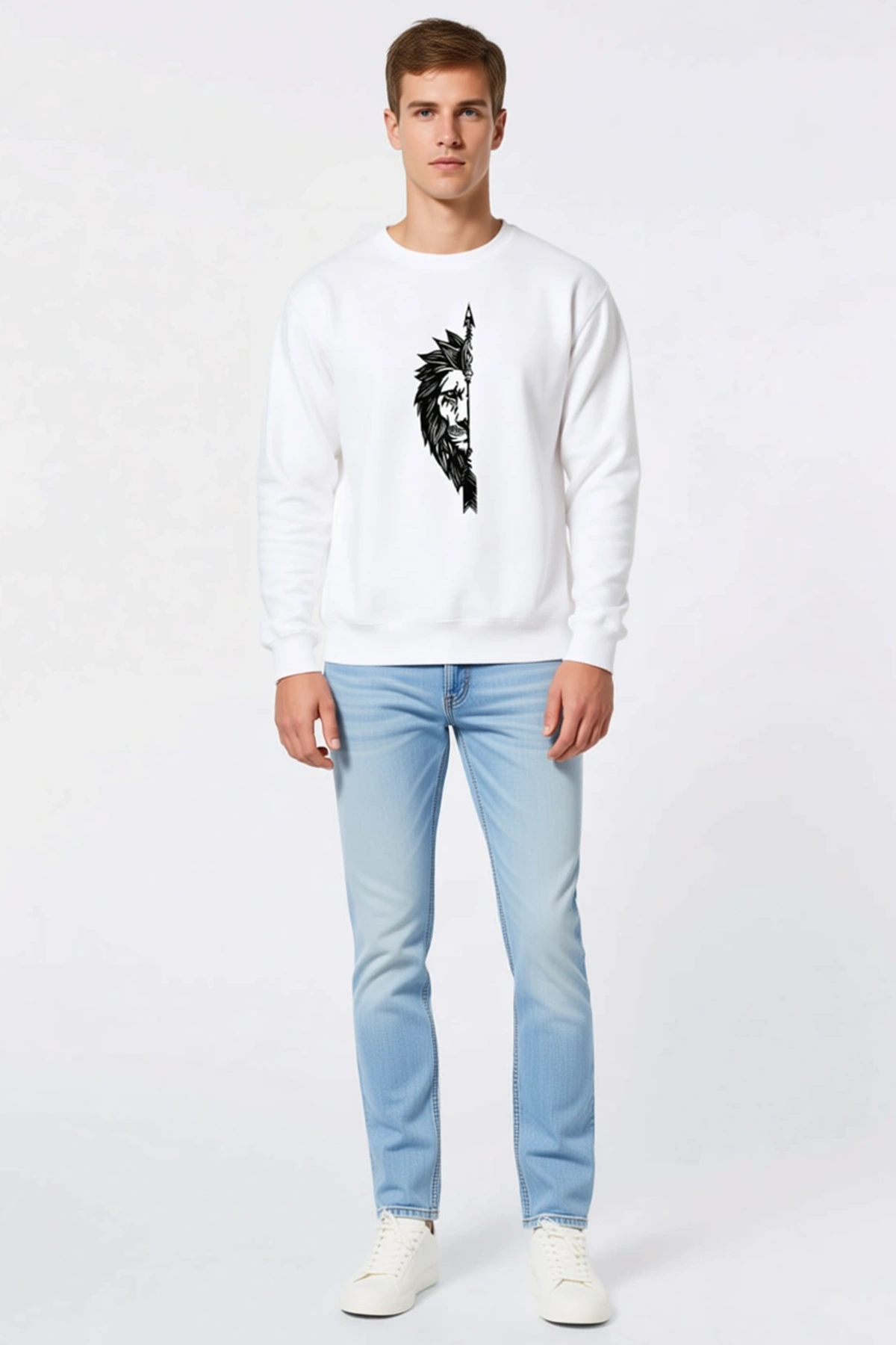 Erkek Oversize Bisiklet Yaka Sevgililer Günü Baskılı Sweatshirt Aslan Ok Desenli Göğüs Rahat Kesim