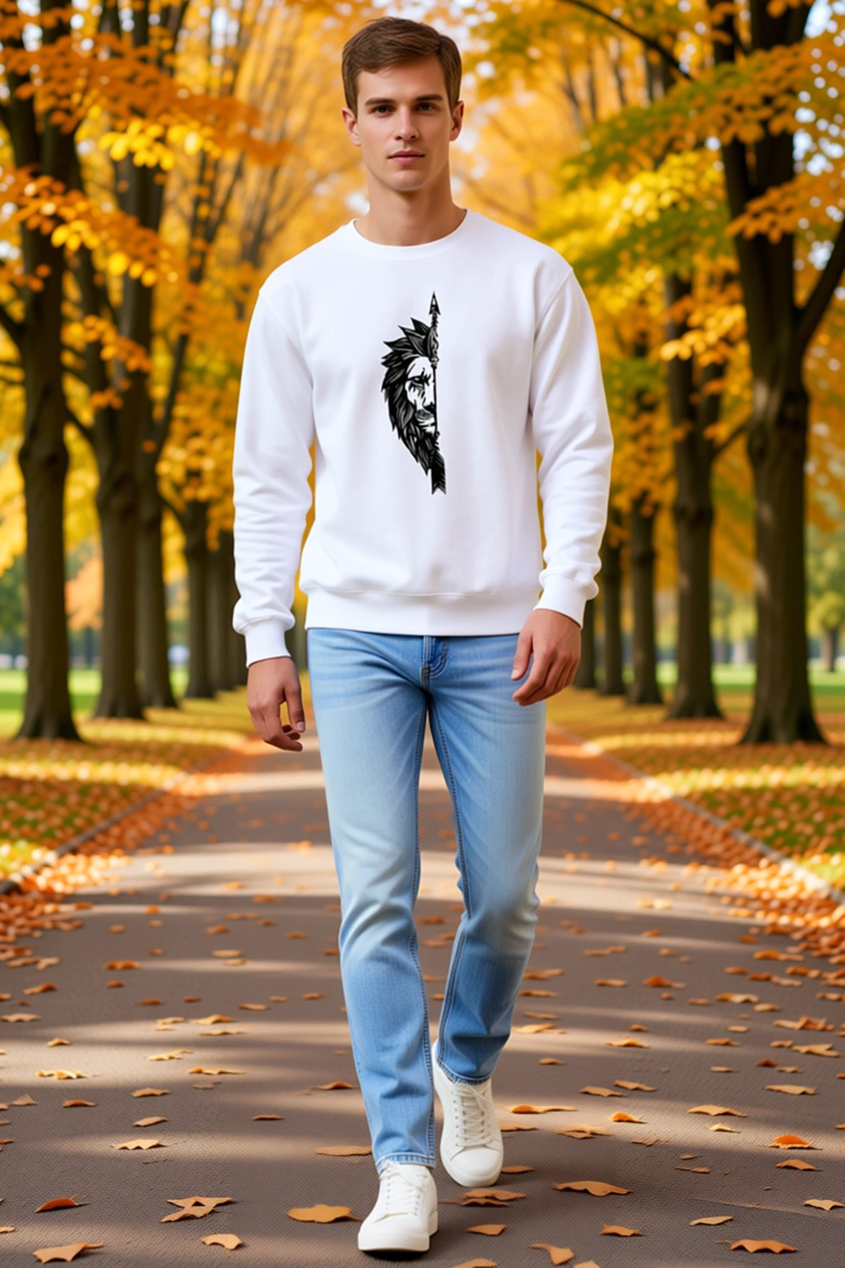 Erkek Oversize Bisiklet Yaka Sevgililer Günü Baskılı Sweatshirt Aslan Ok Desenli Göğüs Rahat Kesim