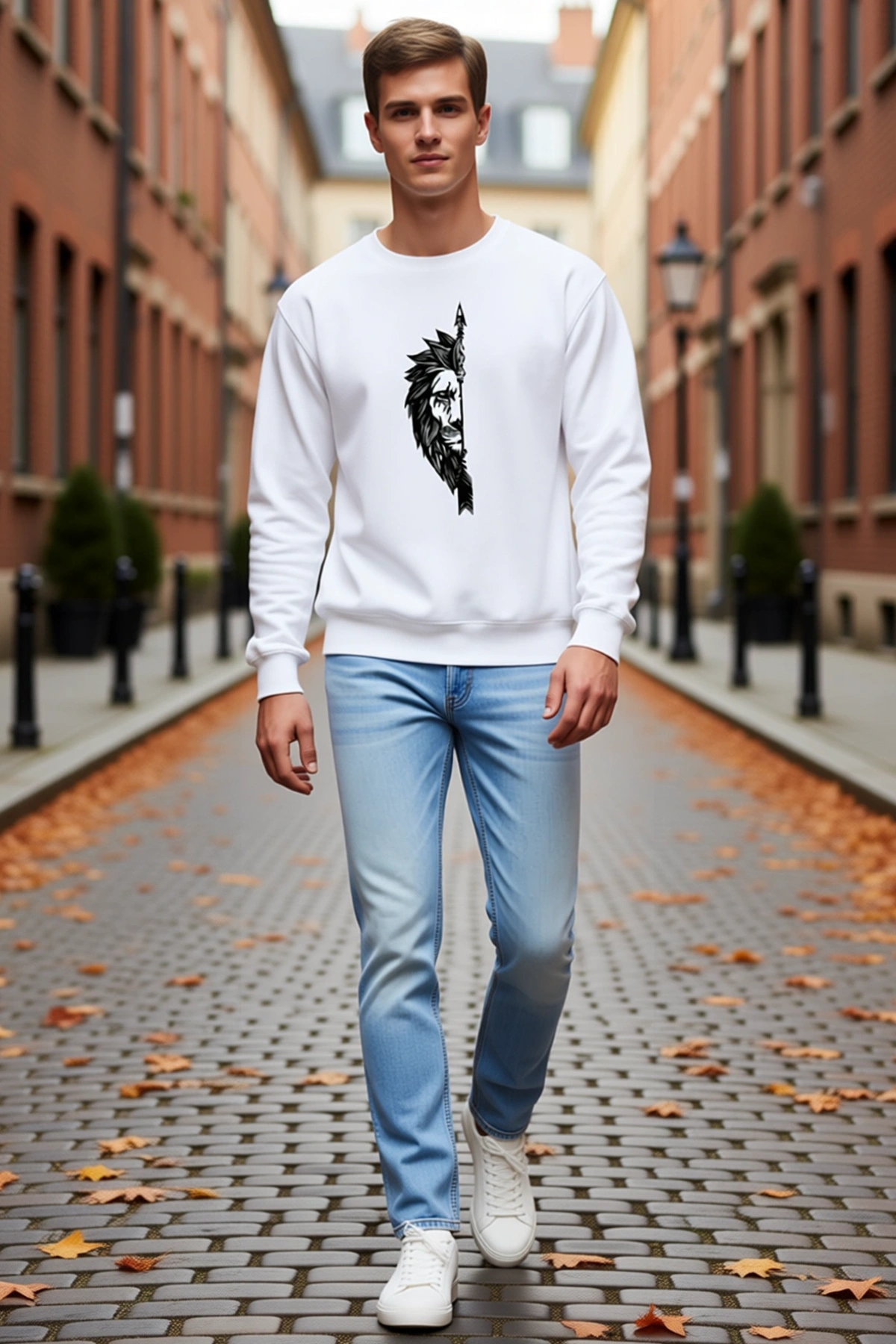 Erkek Oversize Bisiklet Yaka Sevgililer Günü Baskılı Sweatshirt Aslan Ok Desenli Göğüs Rahat Kesim