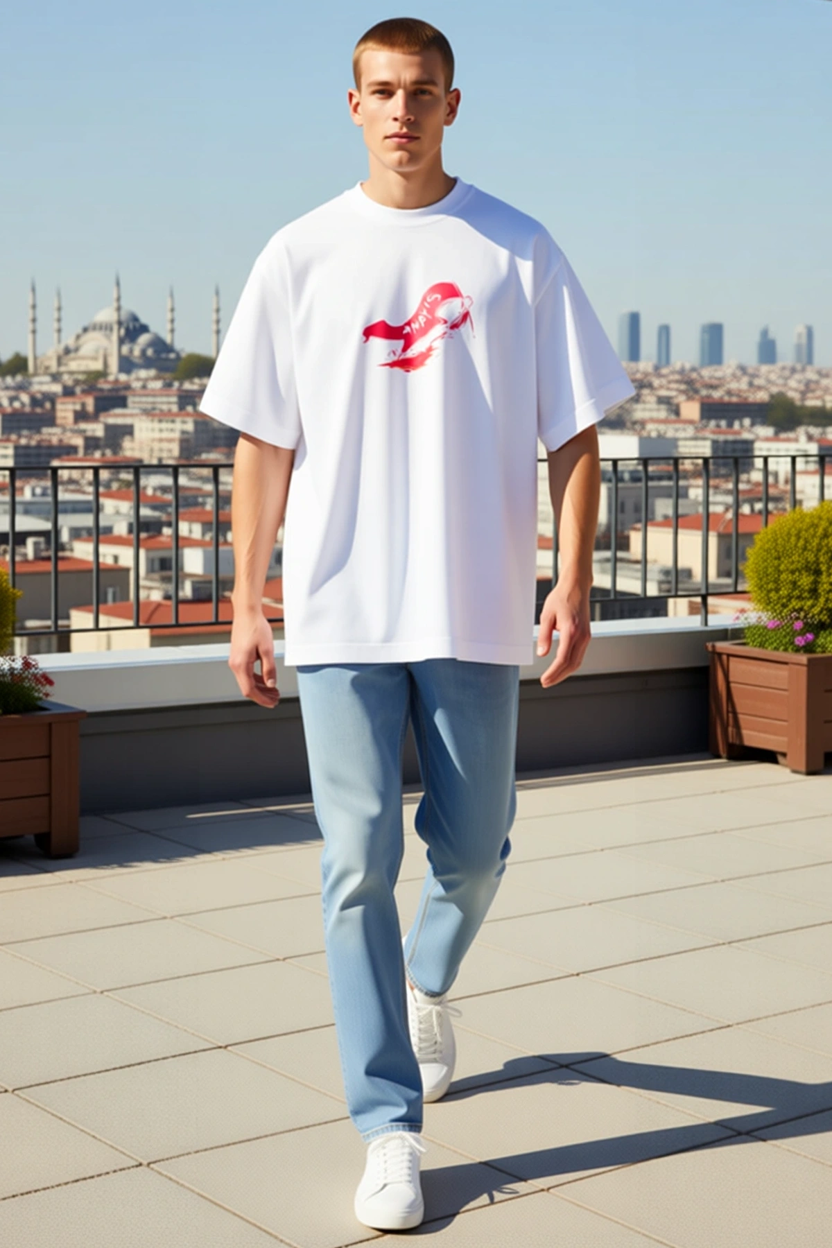 Erkek Emekçiler Günü Baskılı Oversize Bisiklet Yaka Kısa Kollu Tişört Fırça Darbeli Grafik Rahat