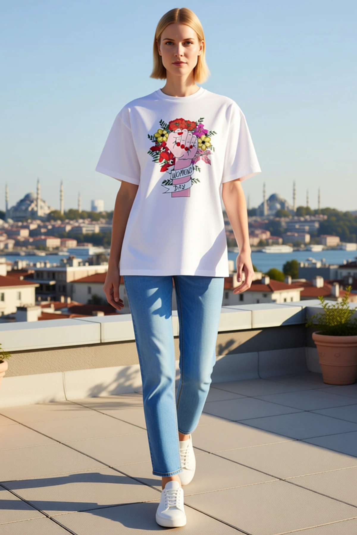 Kadın Dünya Kadınlar Günü Baskılı Oversize Bisiklet Yaka Kısa Kollu Tişört Çiçekli Yumruk Desenli