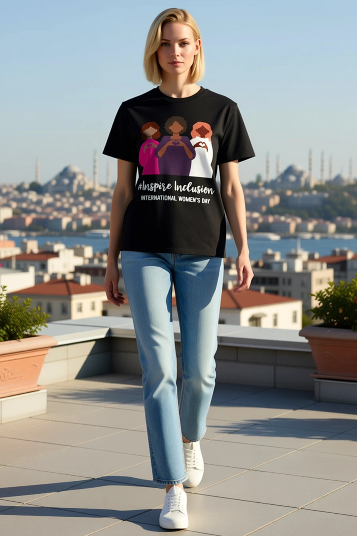 Kadın Dünya Kadınlar Günü Baskılı Oversize Bisiklet Yaka Kısa Kollu Tişört Kalp Yapan Üç Figürlü