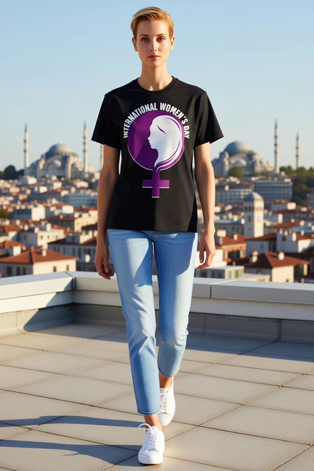 Kadın Dünya Kadınlar Günü Baskılı Oversize Bisiklet Yaka Kısa Kollu Tişört Yüz Profili Sembollü