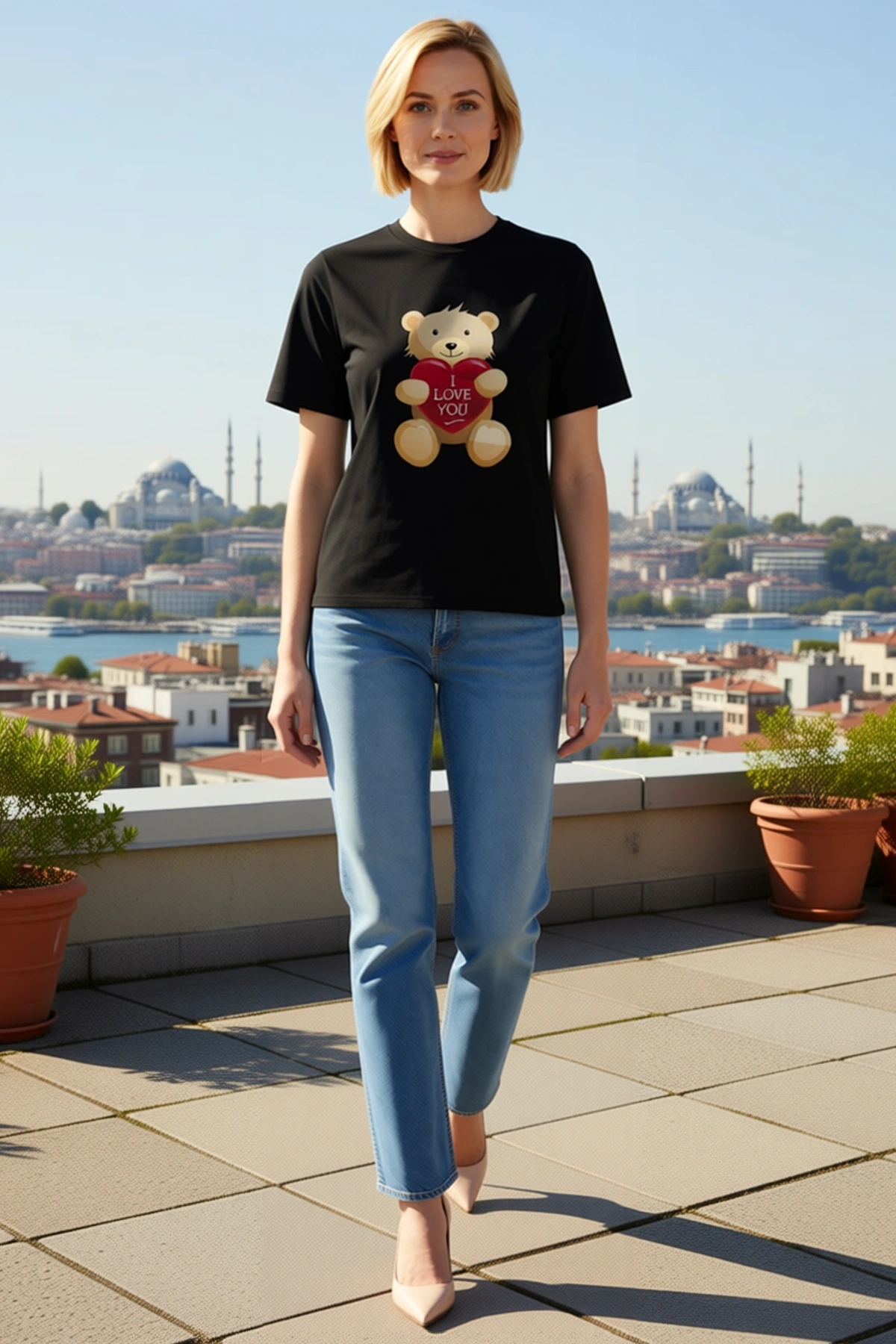 Kadın Sevgililer Günü Baskılı Oversize Bisiklet Yaka Kısa Kollu Tişört Kalp Tutan Ayıcık Desenli