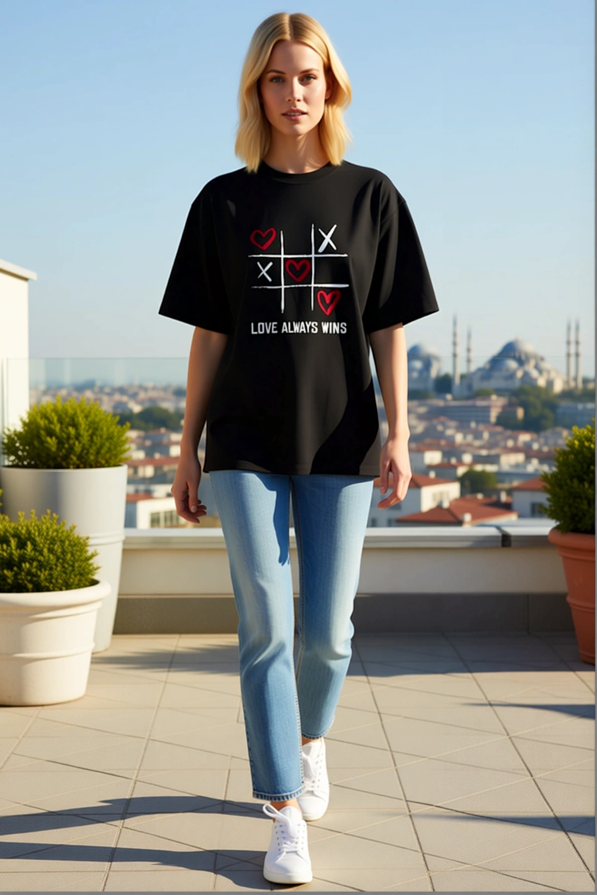 Kadın Sevgililer Günü Baskılı Oversize Bisiklet Yaka Kısa Kollu Tişört Kalpli XOX Oyunu Desenli
