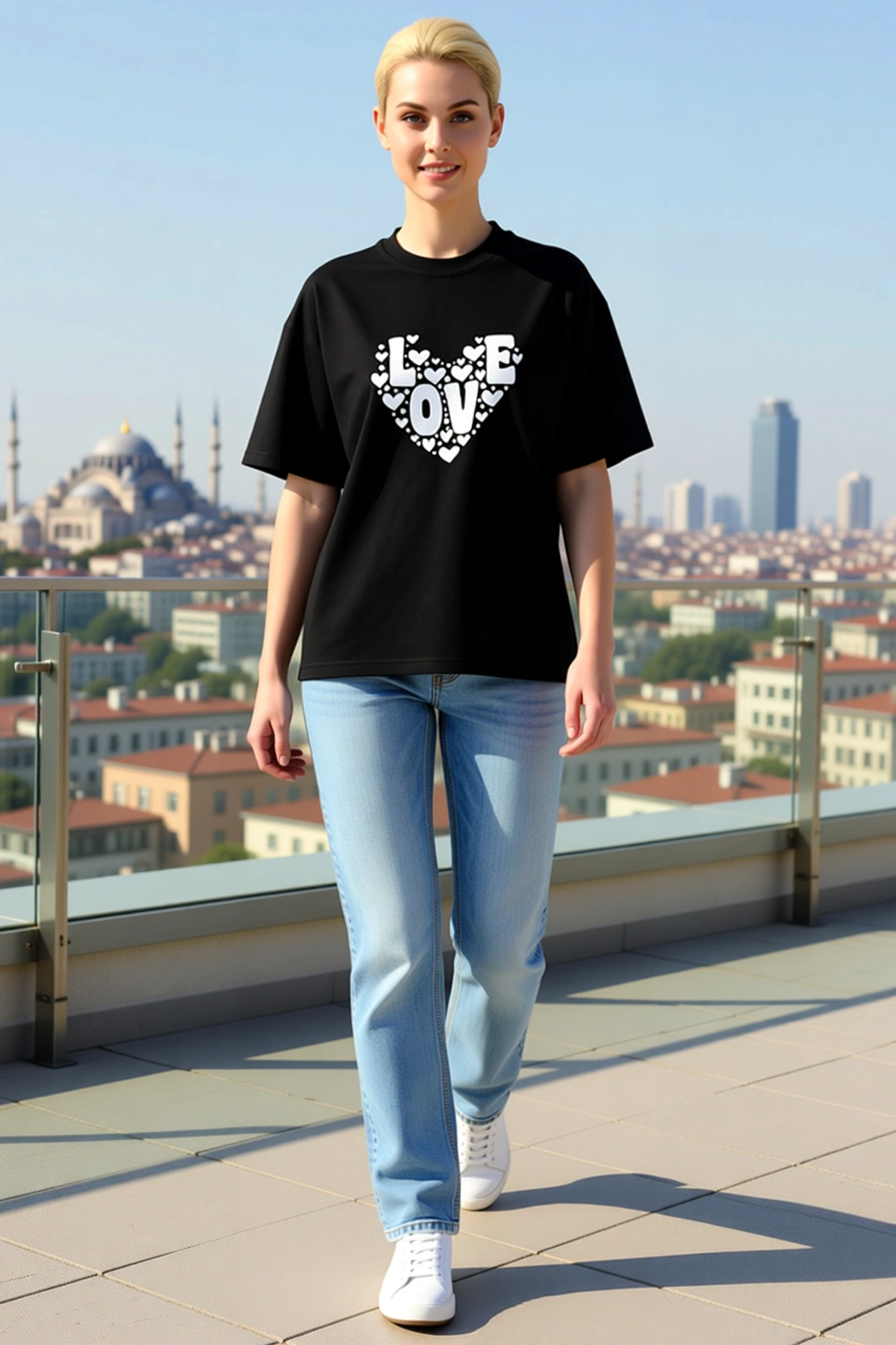Kadın Sevgililer Günü Baskılı Oversize Bisiklet Yaka Kısa Kollu Tişört Love Yazılı Kalp Desenli