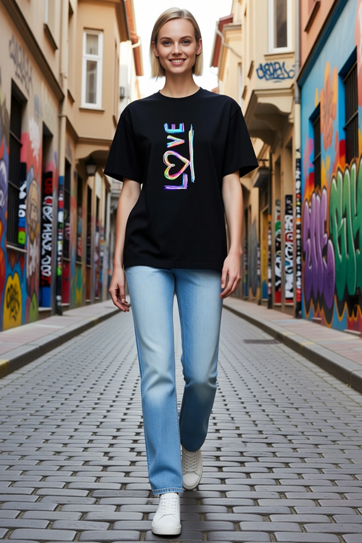 Kadın Sevgililer Günü Love Yazılı Oversize Bisiklet Yaka Kısa Kollu Tişört Günlük Rahat Kesim Modern
