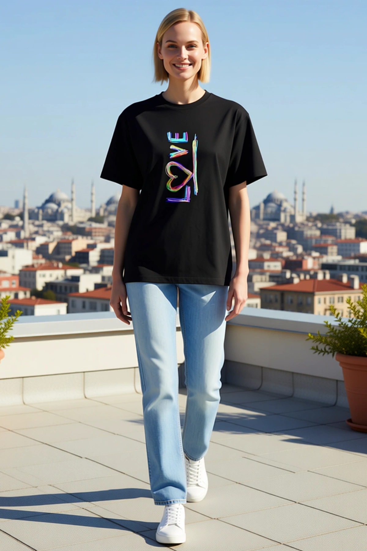 Kadın Sevgililer Günü Love Yazılı Oversize Bisiklet Yaka Kısa Kollu Tişört Günlük Rahat Kesim Modern