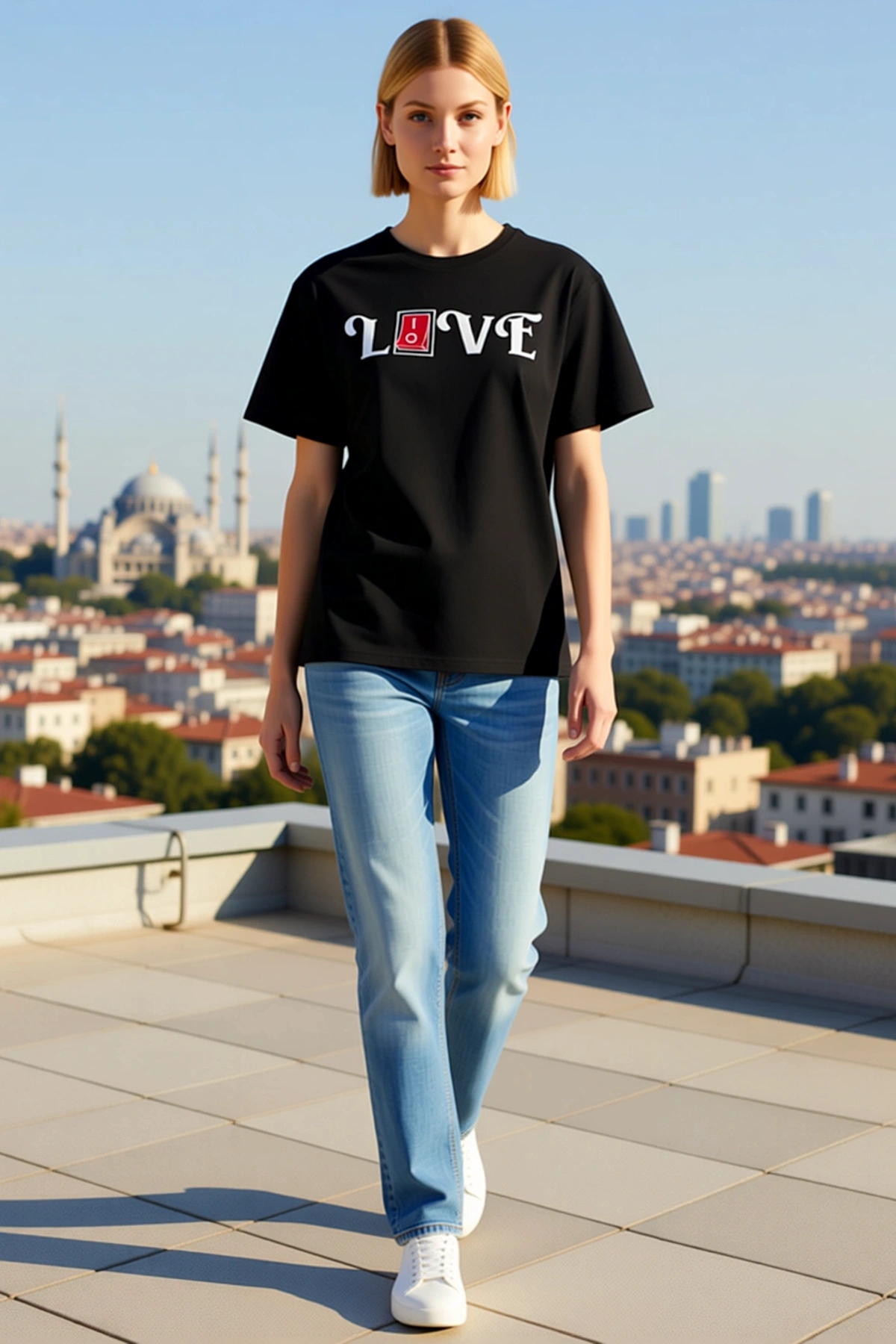 Kadın Sevgililer Günü Anahtar Detaylı Love Yazılı Bisiklet Yaka Kısa Kollu Rahat Kalıp Tişört Modern
