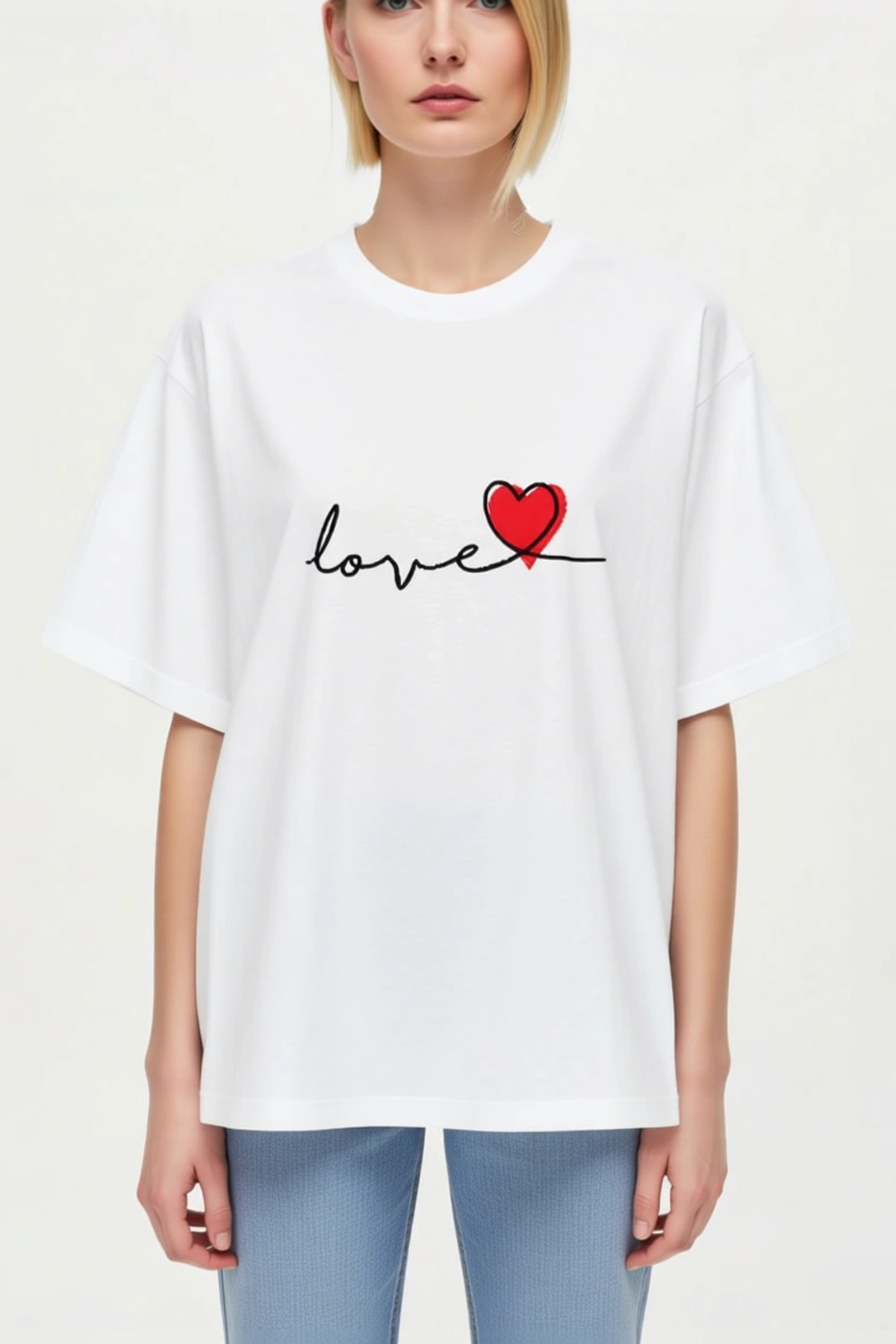 Kadın Sevgililer Günü El Yazısı Love Kalp Baskılı Oversize Bisiklet Yaka Düşük Omuzlu Tişört Modern