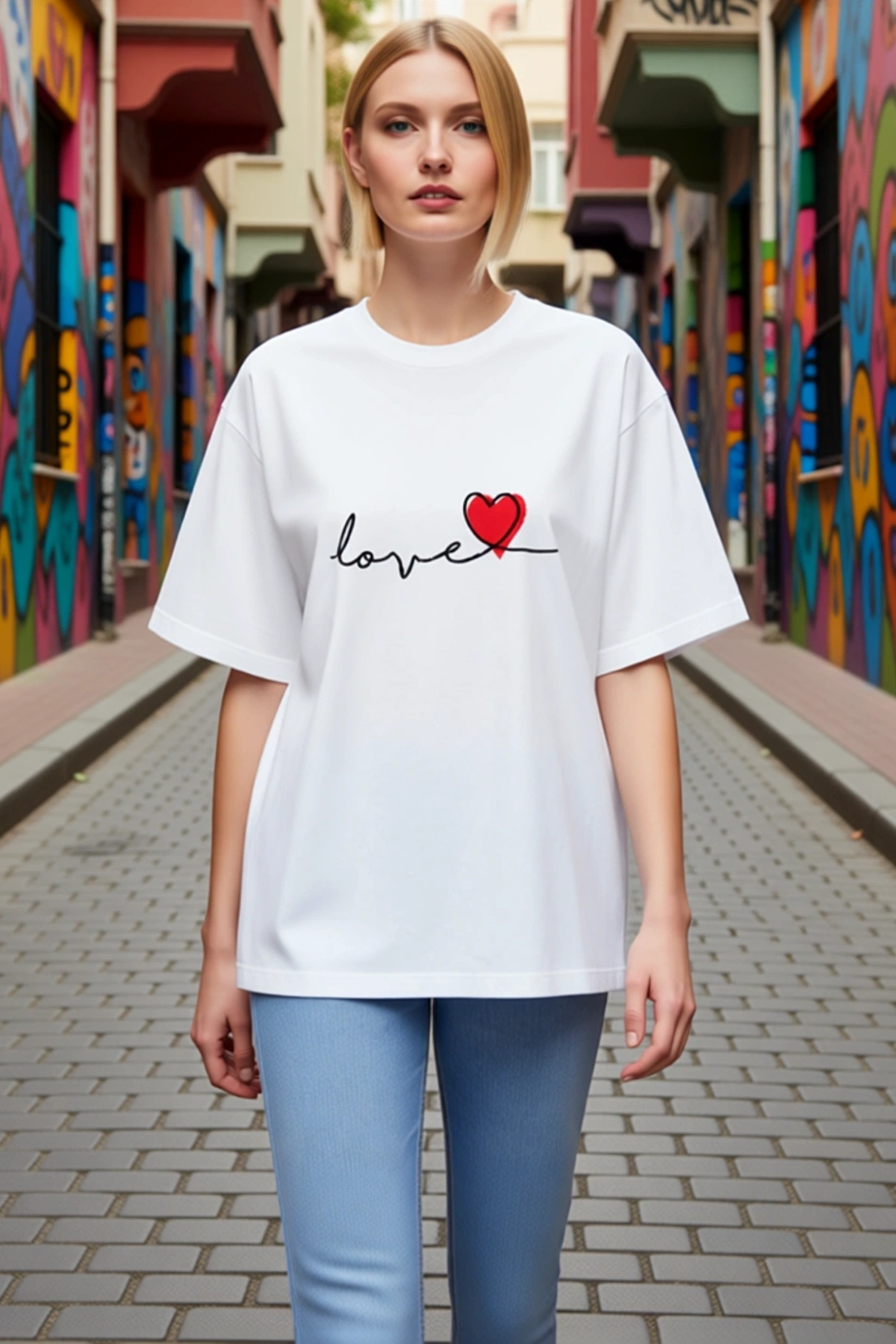 Kadın Sevgililer Günü El Yazısı Love Kalp Baskılı Oversize Bisiklet Yaka Düşük Omuzlu Tişört Modern