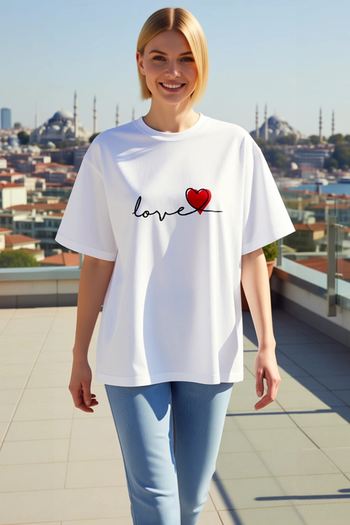 Kadın Sevgililer Günü El Yazısı Love Kalp Baskılı Oversize Bisiklet Yaka Düşük Omuzlu Tişört Modern
