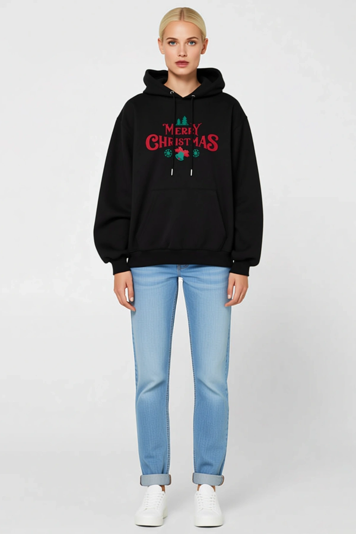 Kadın Yılbaşı Merry Christmas Baskılı Oversize Kapüşonlu Bağcıklı Cepli Sweatshirt Hoodie Konforlu