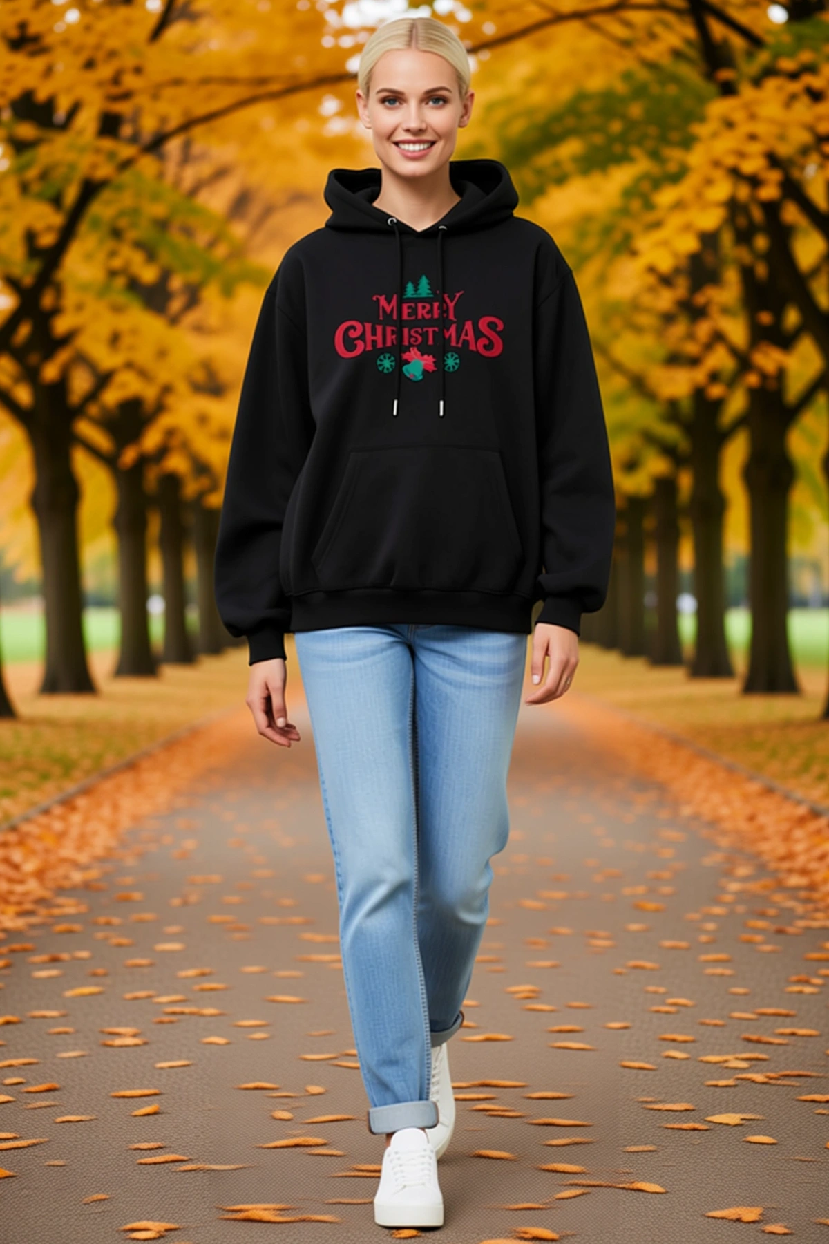 Kadın Yılbaşı Merry Christmas Baskılı Oversize Kapüşonlu Bağcıklı Cepli Sweatshirt Hoodie Konforlu