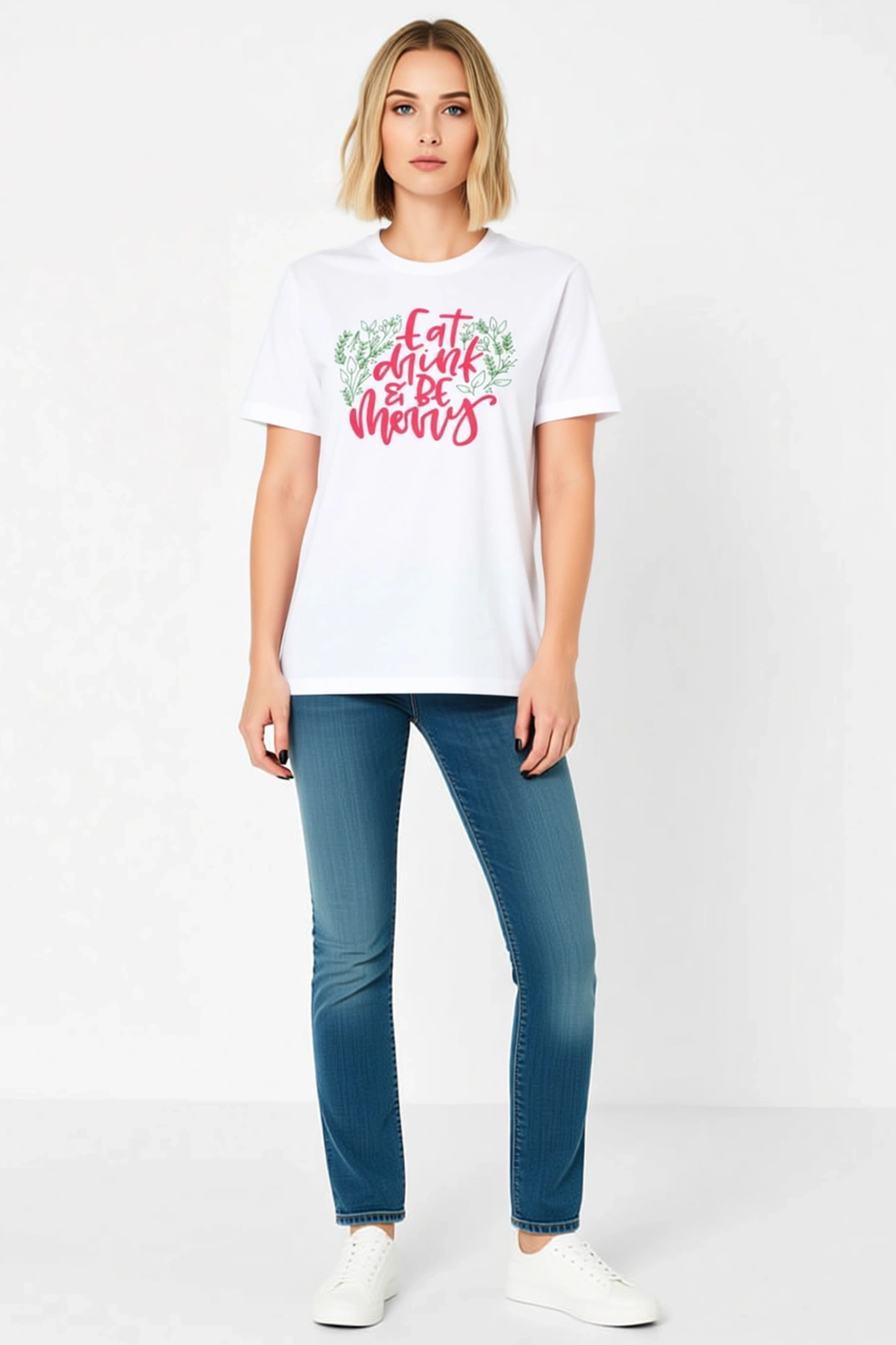Kadın Yılbaşı Eat Drink Be Merry Yazılı Yaprak Desenli Oversize Bisiklet Yaka Kısa Kollu Tişört