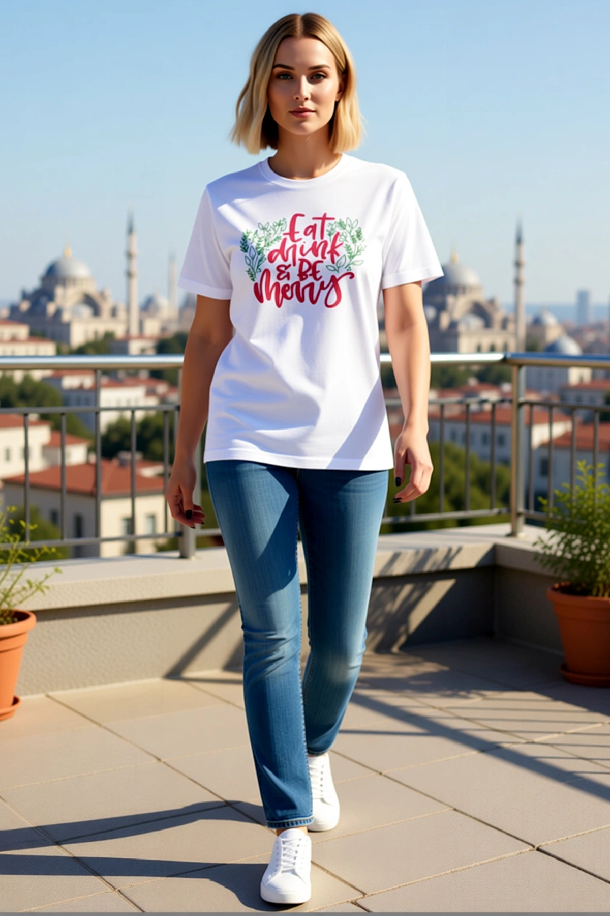 Kadın Yılbaşı Eat Drink Be Merry Yazılı Yaprak Desenli Oversize Bisiklet Yaka Kısa Kollu Tişört