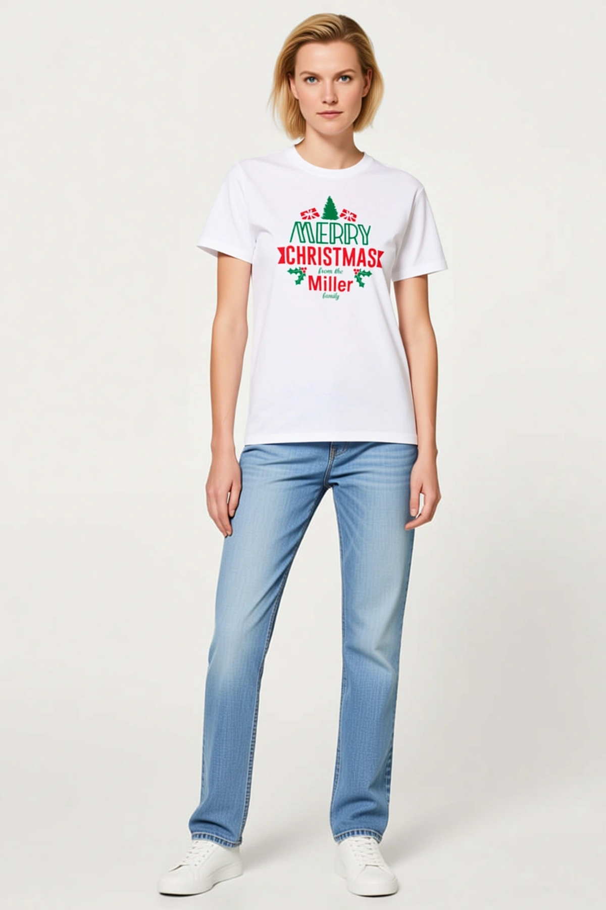 Kadın Yılbaşı Merry Christmas Çam Ağacı Hediye Kutusu Baskılı Oversize Bisiklet Yaka Tişört Günlük