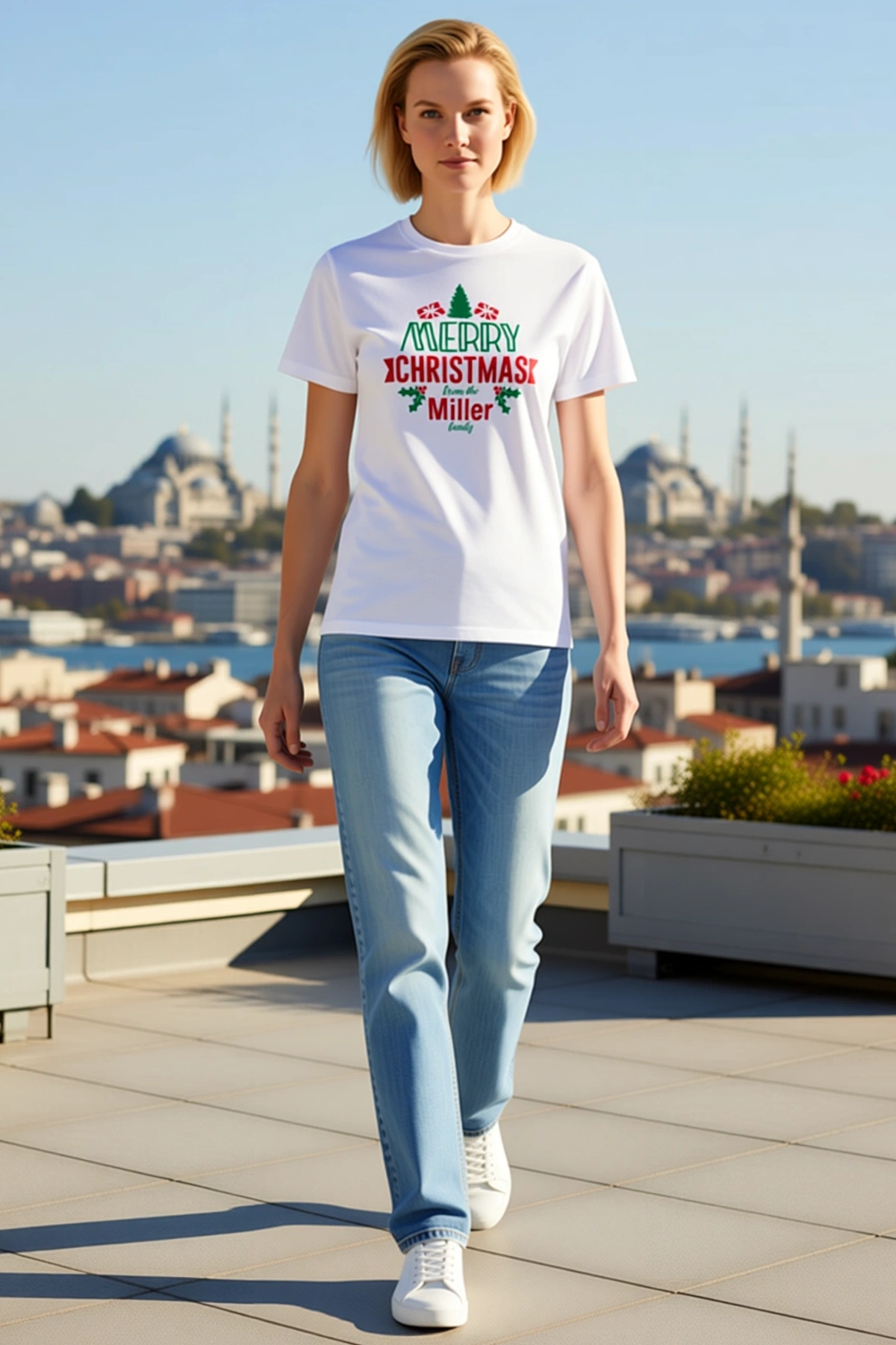 Kadın Yılbaşı Merry Christmas Çam Ağacı Hediye Kutusu Baskılı Oversize Bisiklet Yaka Tişört Günlük