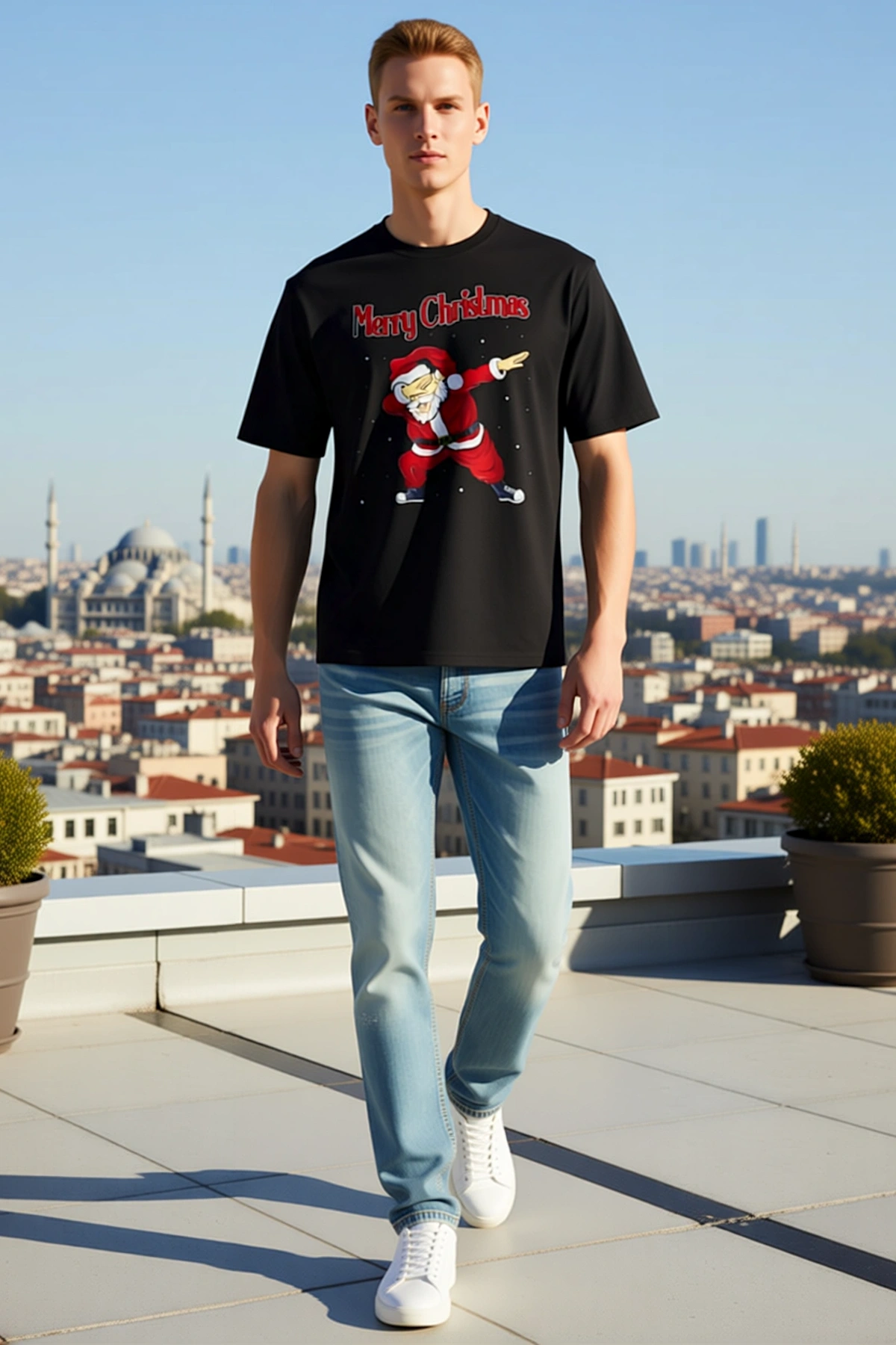 Erkek Yılbaşı Merry Christmas Dab Yapan Noel Baba Baskılı Oversize Bisiklet Yaka Tişört Rahat Kesim